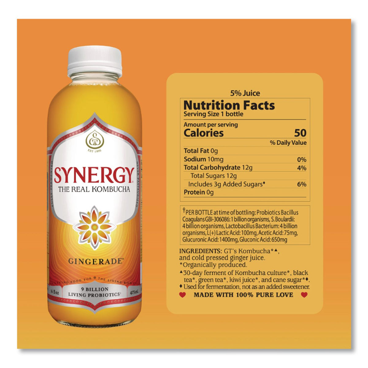 Organic Raw Kombucha Gingerade, 16.2 oz Bottle, 6/Carton, Ships in 1-3 Business Days