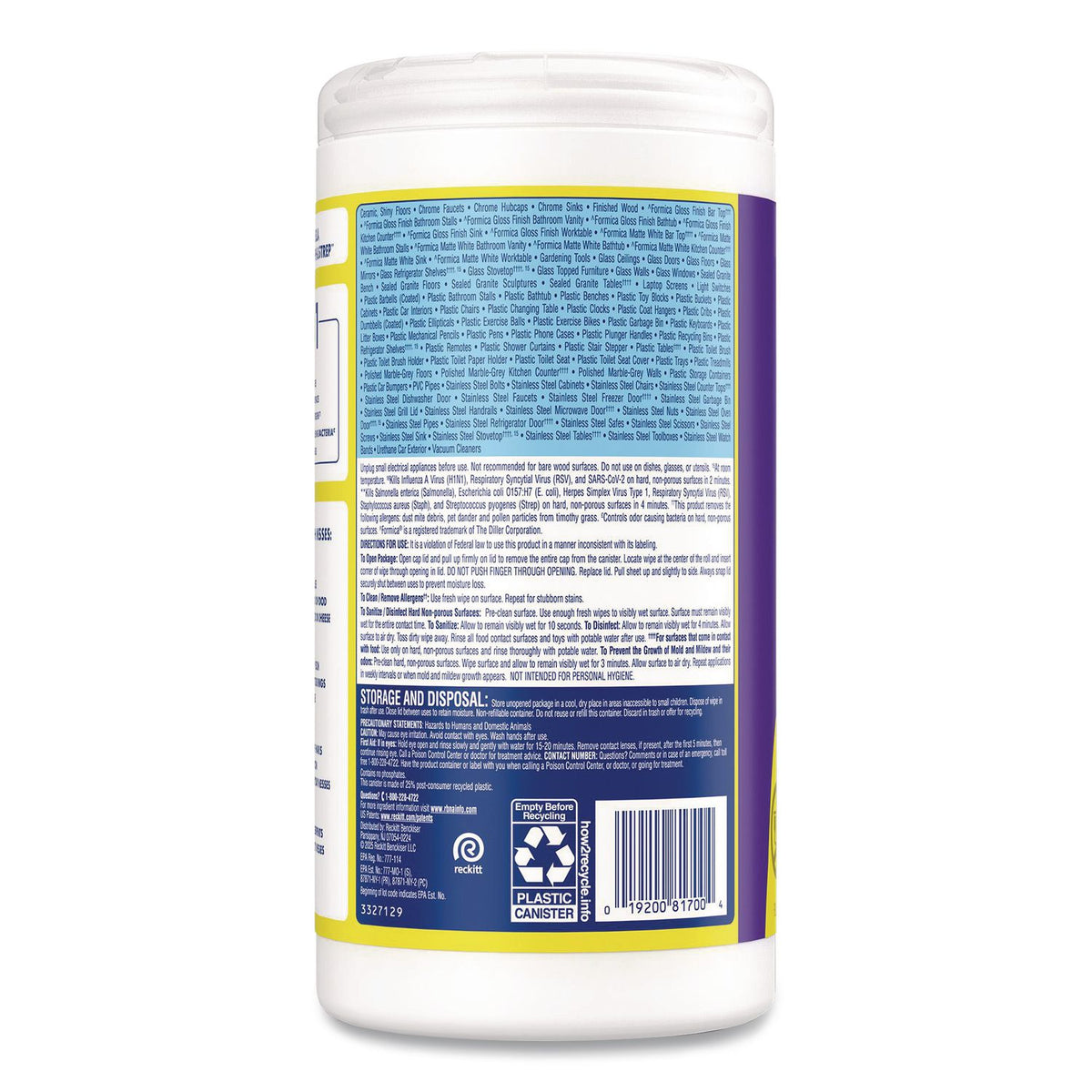 Dual Action Disinfecting Wipes, 1-Ply, 7 x 7.5, Citrus, White/Purple, 75/Canister, 6 Canisters/Carton