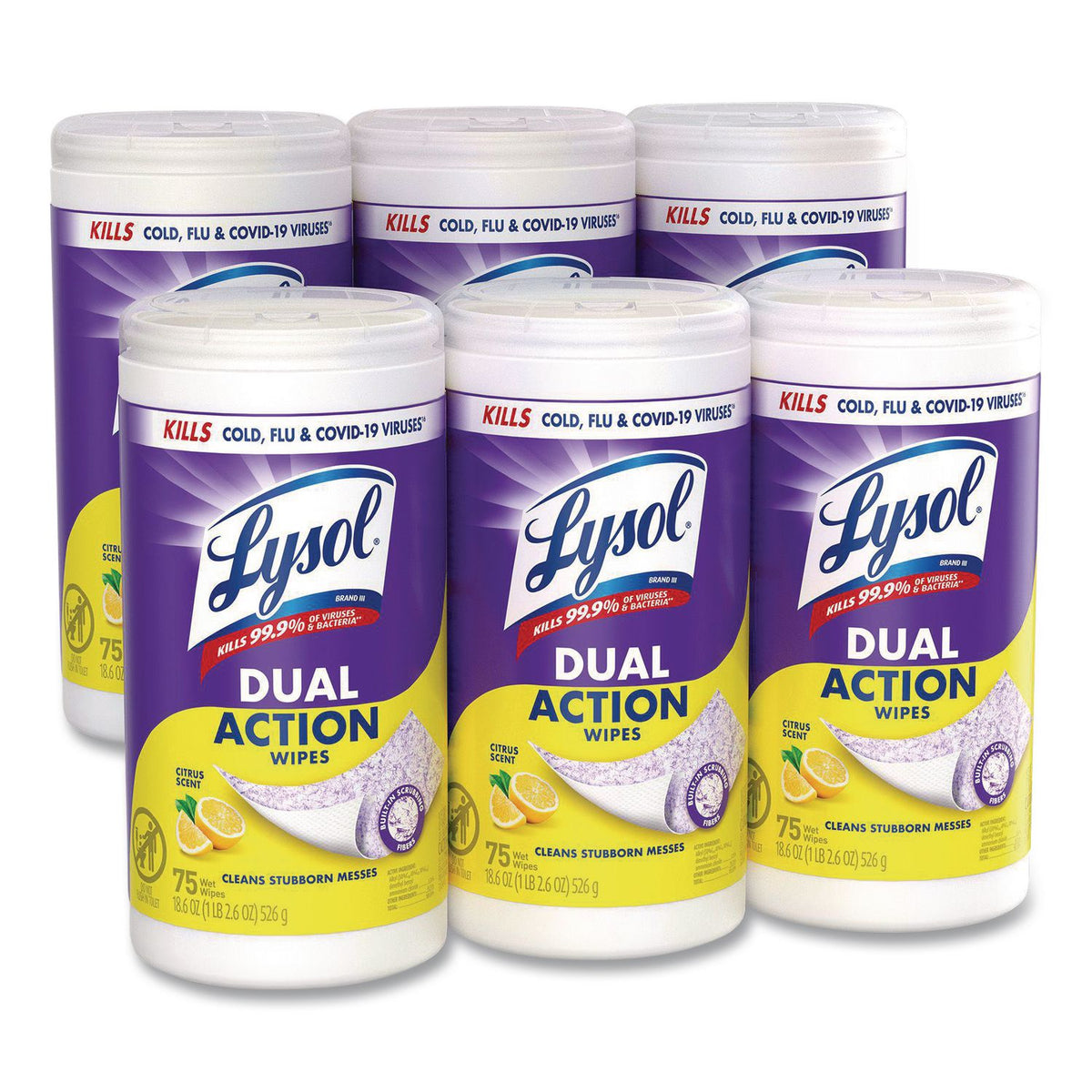 Dual Action Disinfecting Wipes, 1-Ply, 7 x 7.5, Citrus, White/Purple, 75/Canister, 6 Canisters/Carton