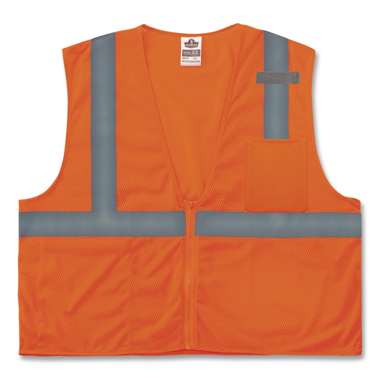 GloWear 8210Z Class 2 Economy Vest, Polyester Mesh, Zipper Closure, Large to X-Large, Orange