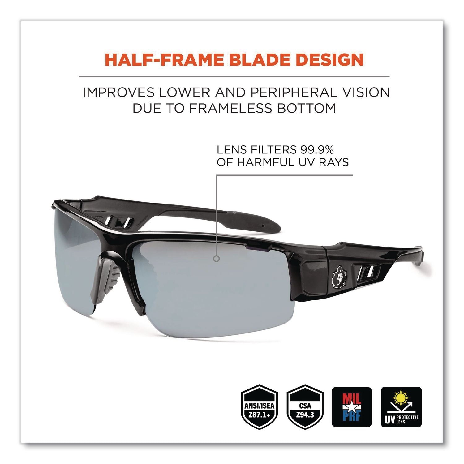 Skullerz Dagr Safety Glasses, Black Frame/Silver Lens, Nylon/Polycarb, Ships in 1-3 Business Days