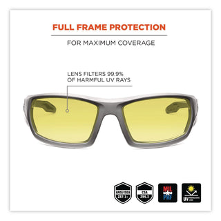 Skullerz Odin Safety Glasses, Gray Frame/Yellow Lens, Nylon/Polycarb, Ships in 1-3 Business Days