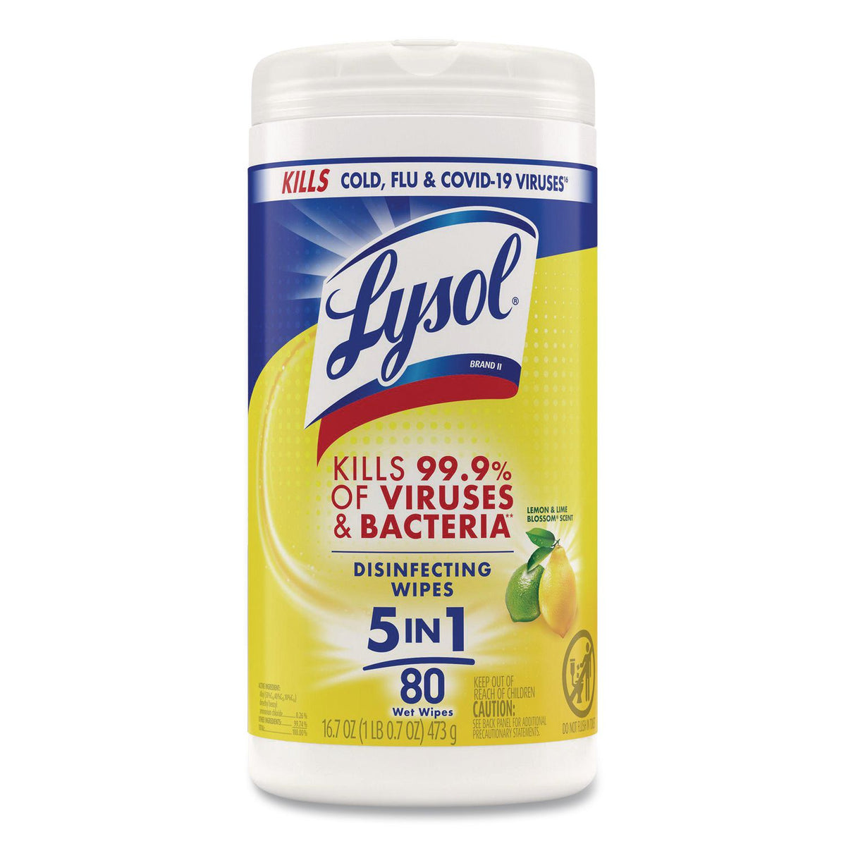 Disinfecting Wipes, 1-Ply, 7 x 7.25, Lemon and Lime Blossom, White, 80 Wipes/Canister, 6 Canisters/Carton