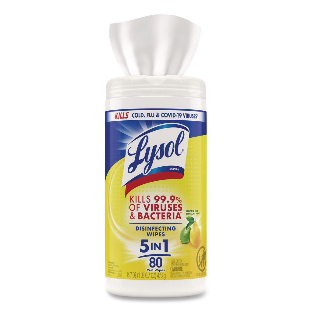 Disinfecting Wipes, 1-Ply, 7 x 7.25, Lemon and Lime Blossom, White, 80 Wipes/Canister, 6 Canisters/Carton