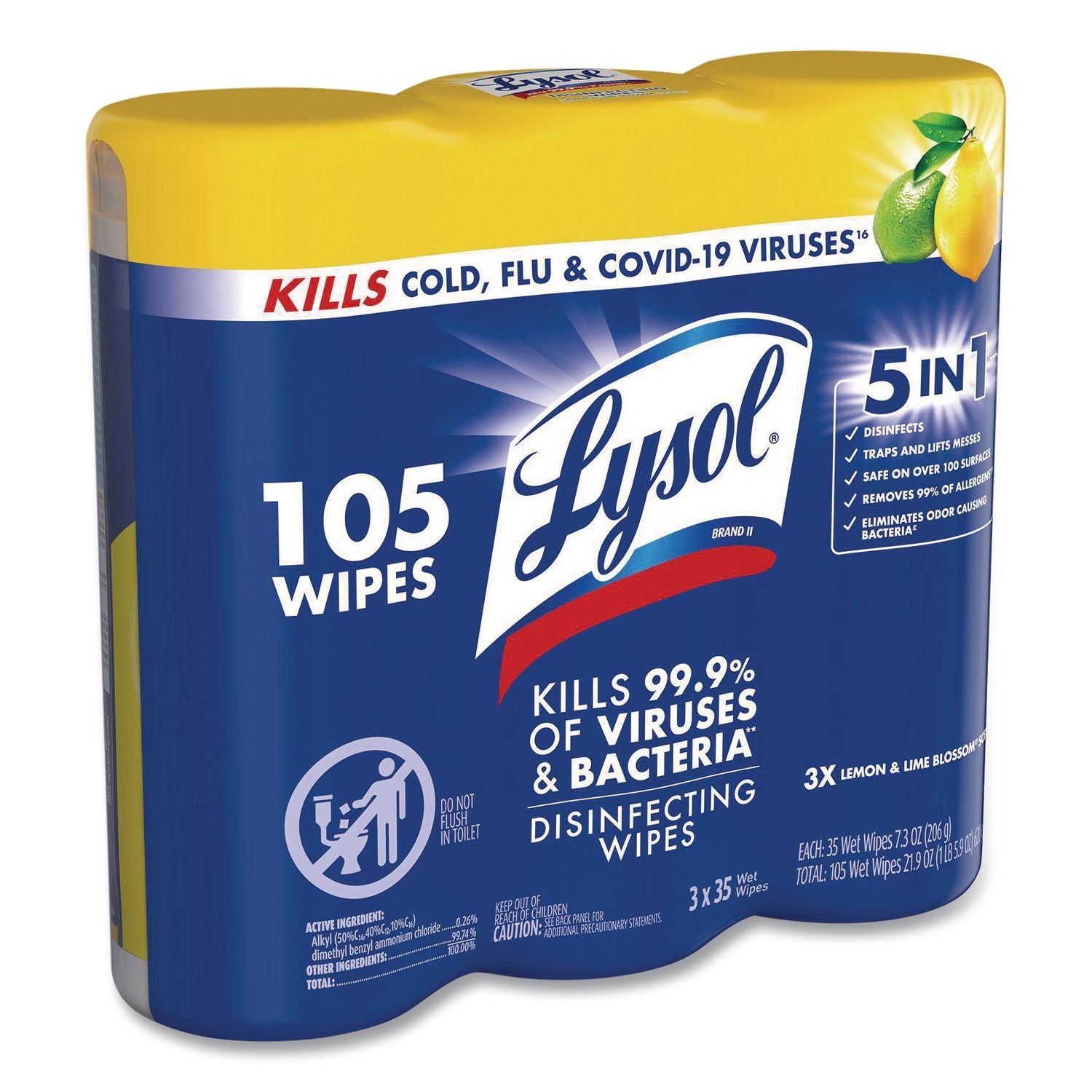 Disinfecting Wipes, 7 x 8, Lemon and Lime Blossom, 35/Canister, 3/Pack, Sold as 1 Package