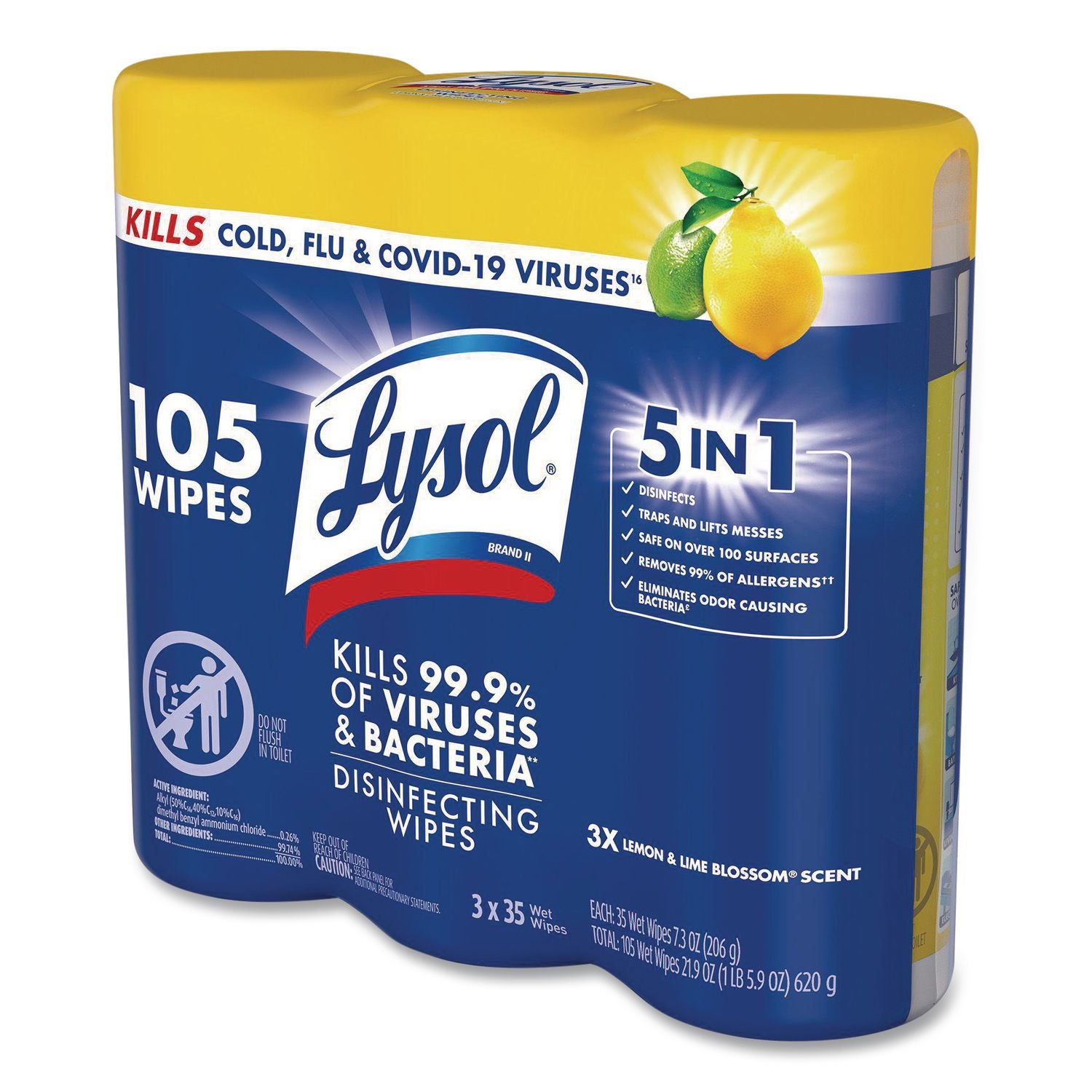 Disinfecting Wipes, 7 x 8, Lemon and Lime Blossom, 35/Canister, 3/Pack, Sold as 1 Package