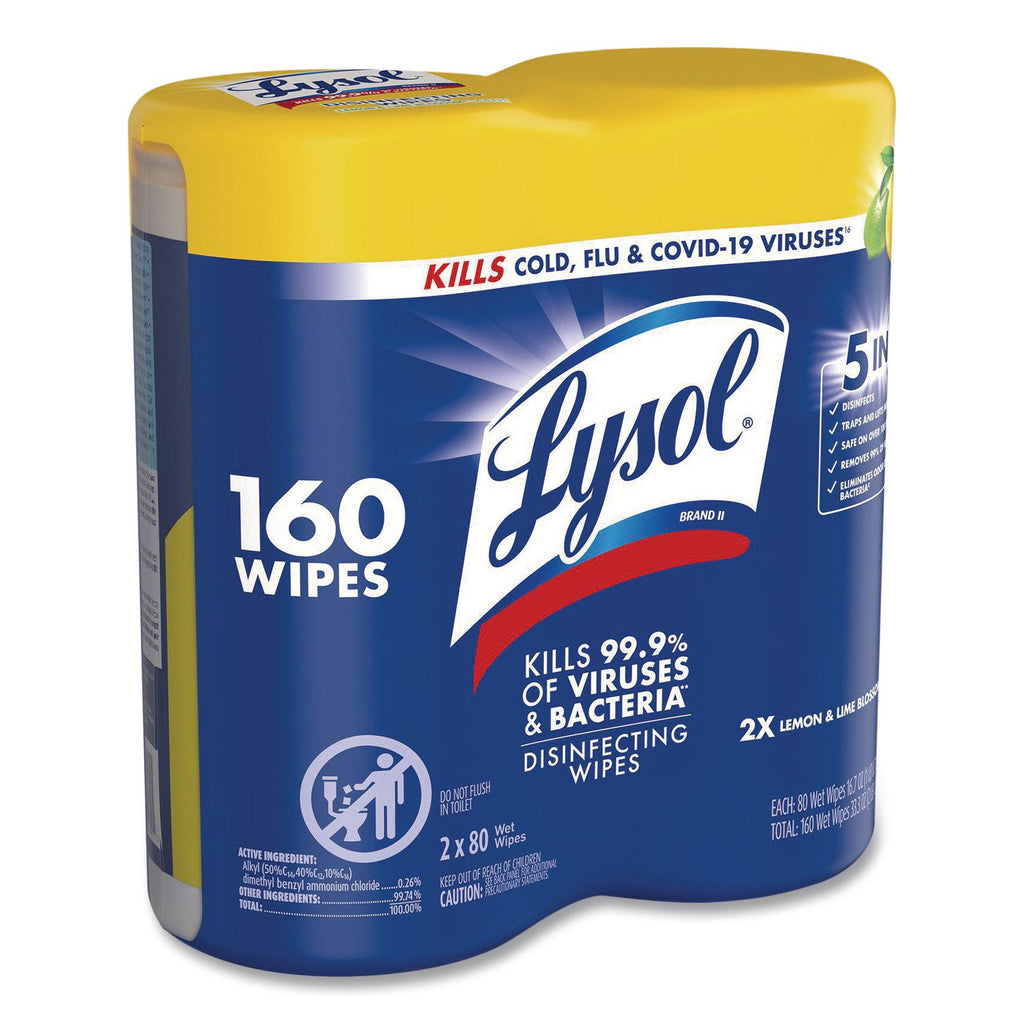 Disinfecting Wipes, 1-Ply, 7 x 7.25, Lemon and Lime Blossom, White, 80 Wipes/Canister, 2 Canisters/Pack