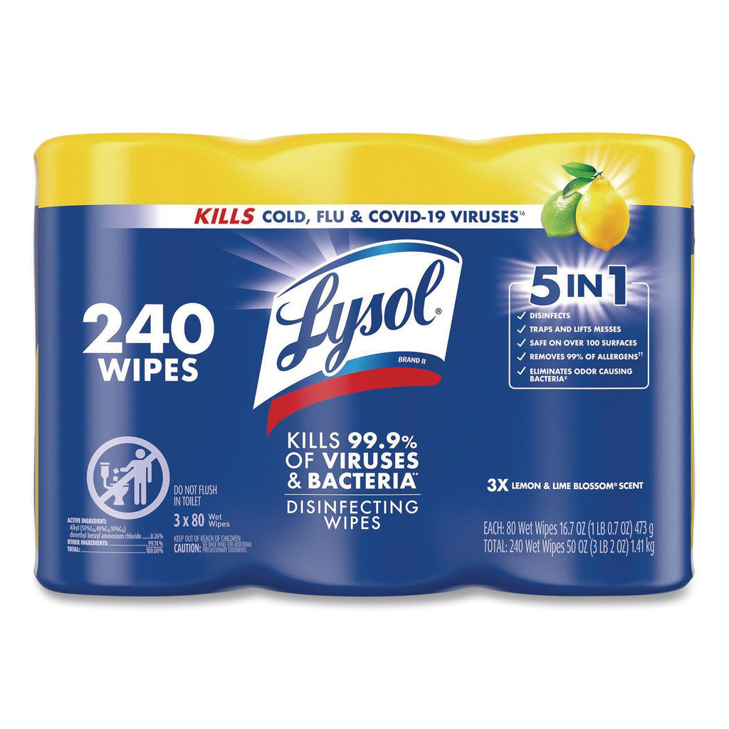 Disinfecting Wipes, 7 x 8, Lemon and Lime Blossom, 80/Canister, 3/Pack, Sold as 1 Package