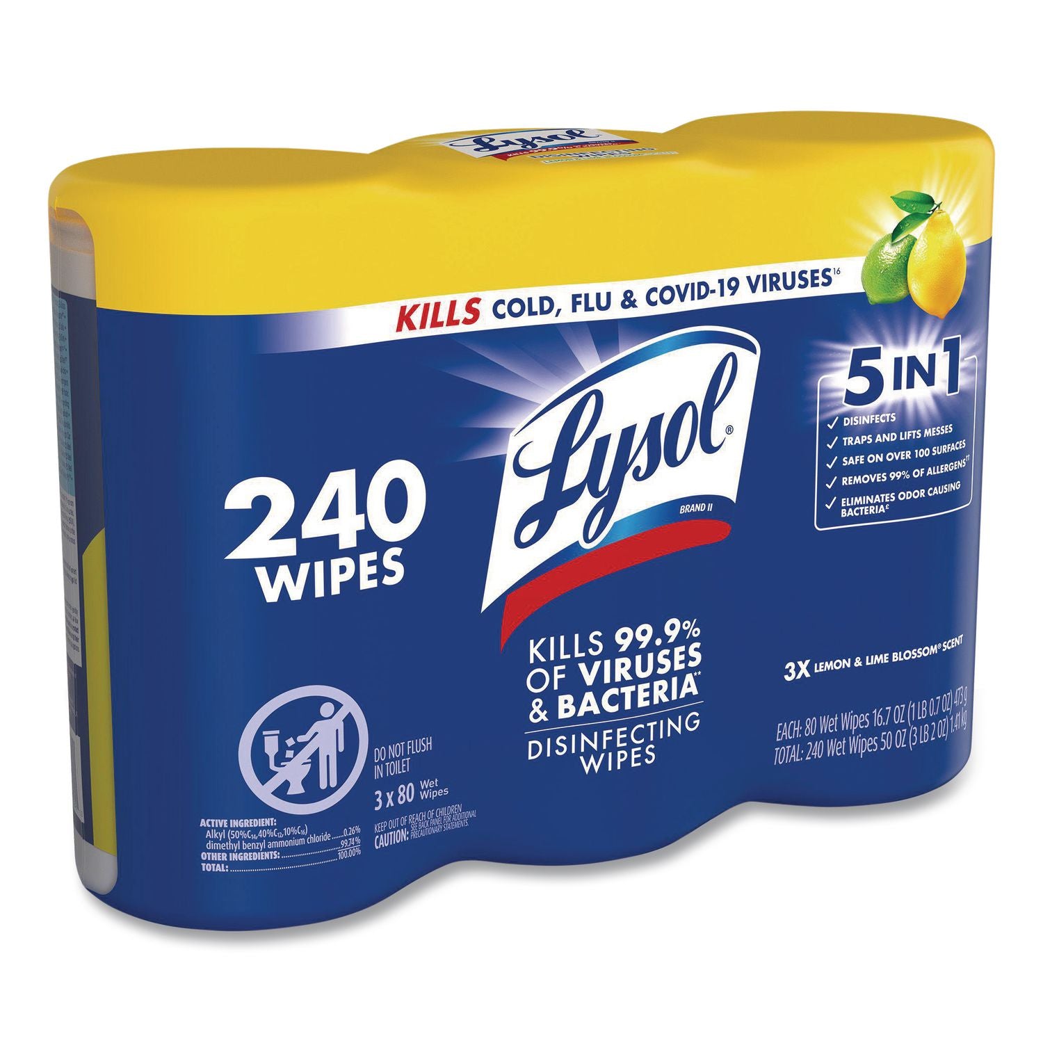 Disinfecting Wipes, 7 x 8, Lemon and Lime Blossom, 80/Canister, 3/Pack, Sold as 1 Package