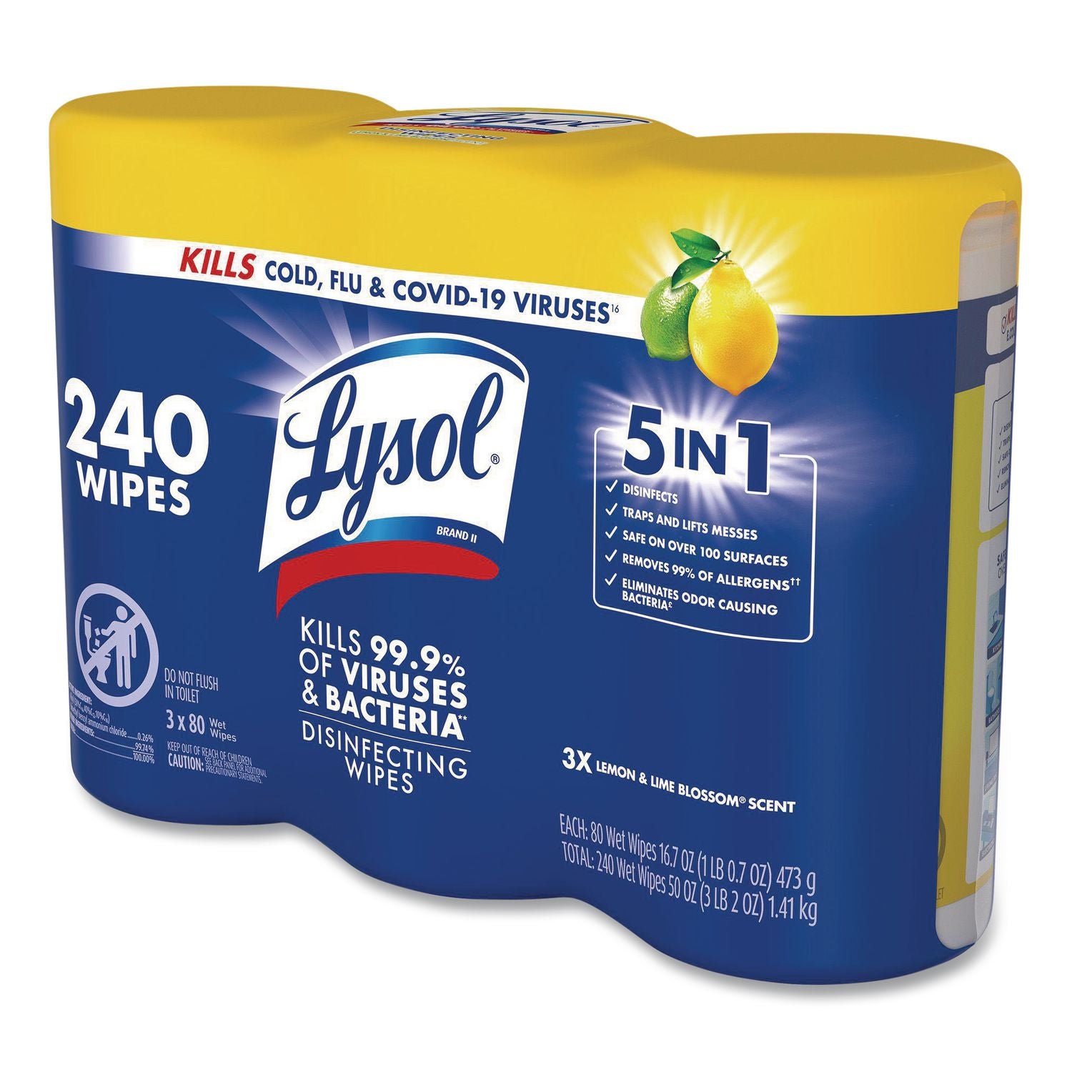 Disinfecting Wipes, 7 x 8, Lemon and Lime Blossom, 80/Canister, 3/Pack, Sold as 1 Package