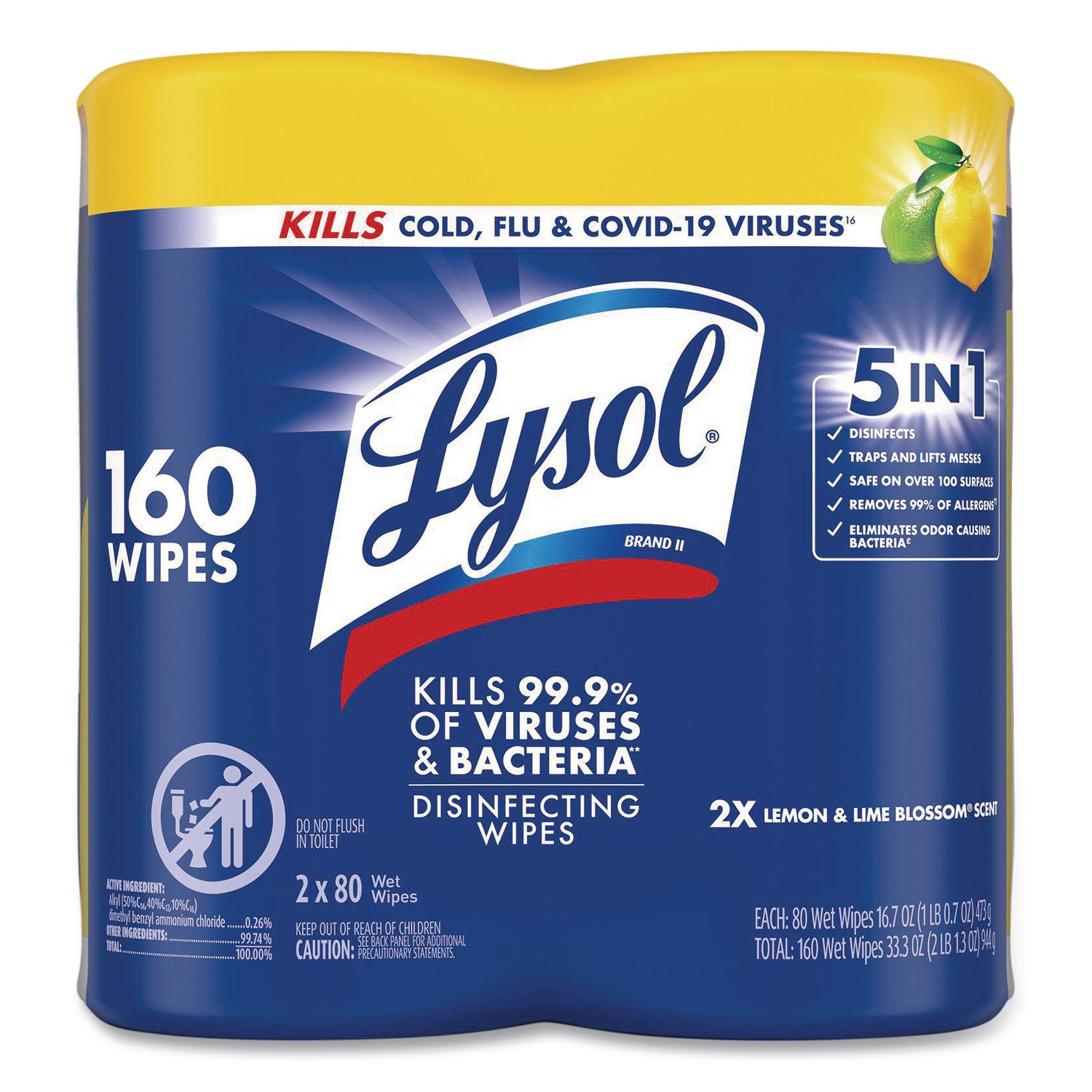 Disinfecting Wipes, 1-Ply, 7 x 7.25, Lemon and Lime Blossom, White, 80 Wipes/Canister, 2 Canisters/Pack