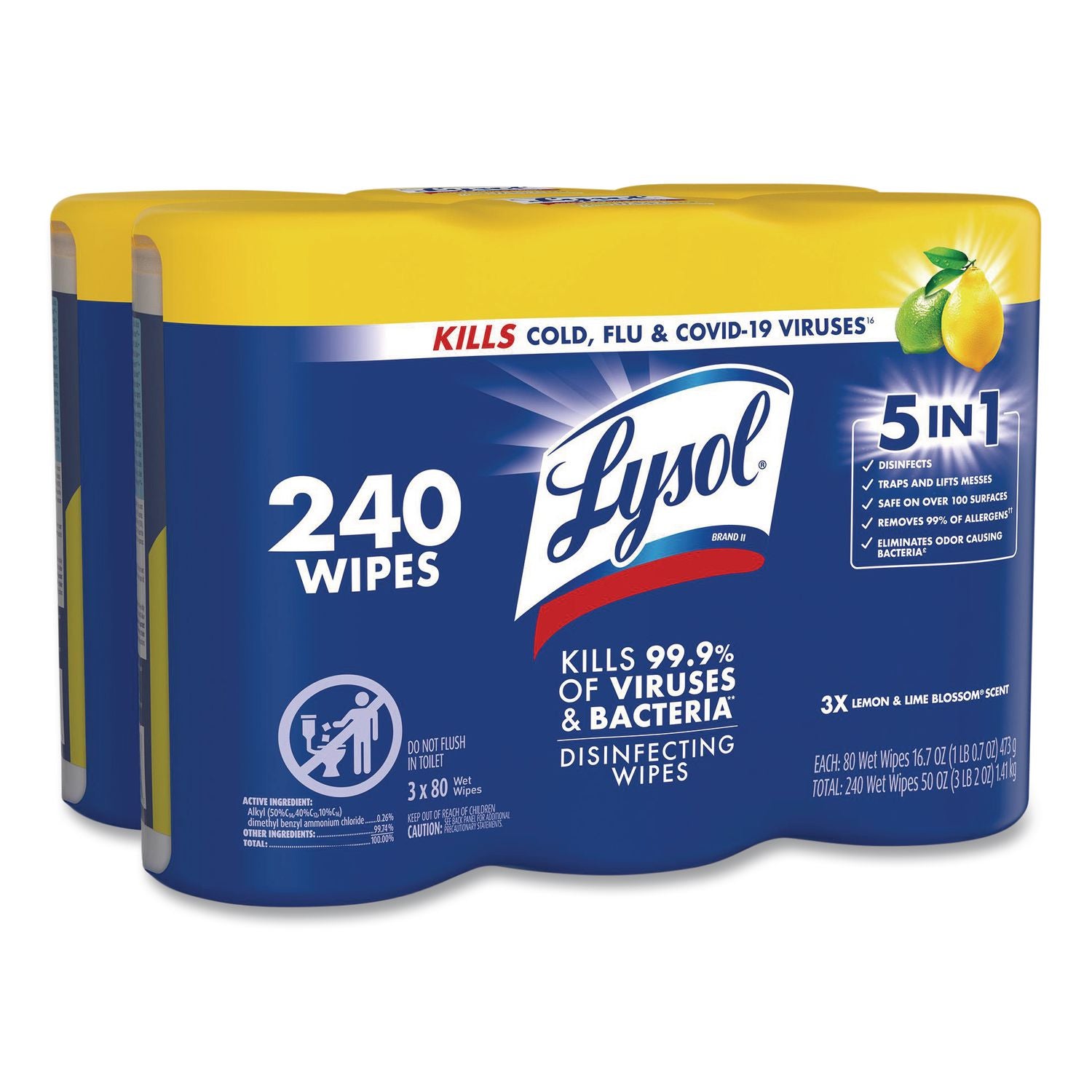 Disinfecting Wipes, 7 x 8, Lemon and Lime Blossom, 80/Canister, 3/Pack, Sold as 1 Package