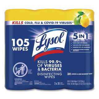 Disinfecting Wipes, 1-Ply, 7 x 7.25, Lemon and Lime Blossom, White, 35 Wipes/Canister, 3 Canisters/Pack