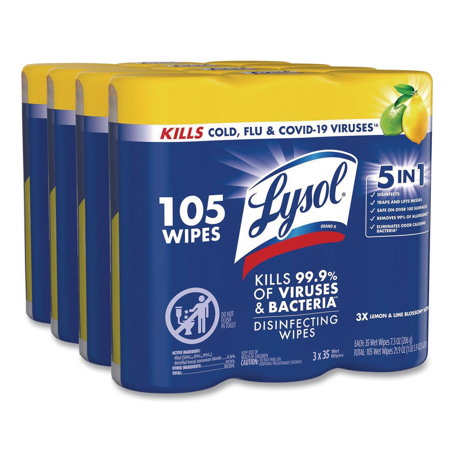Disinfecting Wipes, 7 x 8, Lemon and Lime Blossom, 35/Canister, 3/Pack, Sold as 1 Package