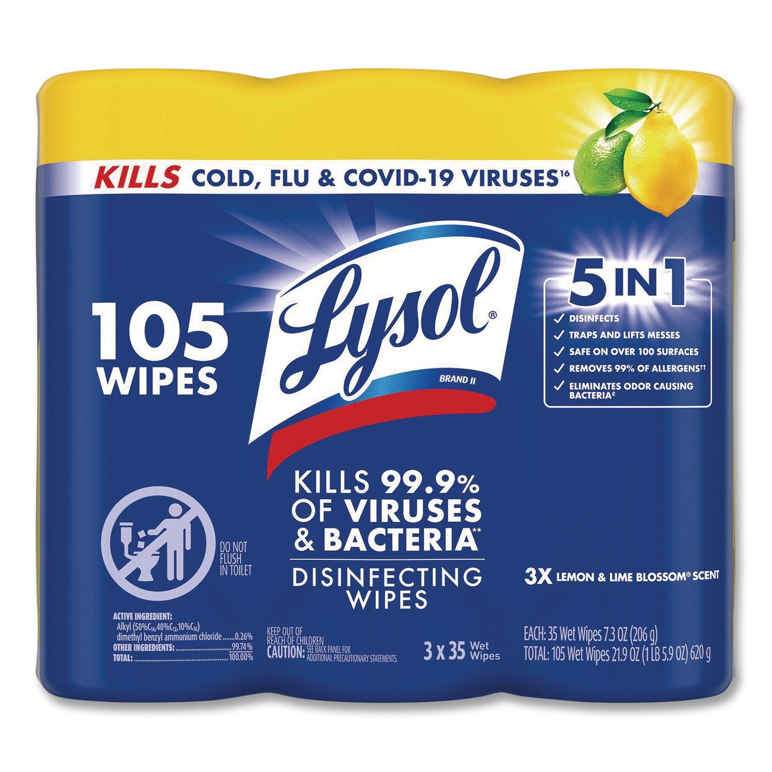 Disinfecting Wipes, 7 x 8, Lemon and Lime Blossom, 35/Canister, 3/Pack, Sold as 1 Package