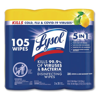 Disinfecting Wipes, 7 x 8, Lemon and Lime Blossom, 35/Canister, 3/Pack, Sold as 1 Package