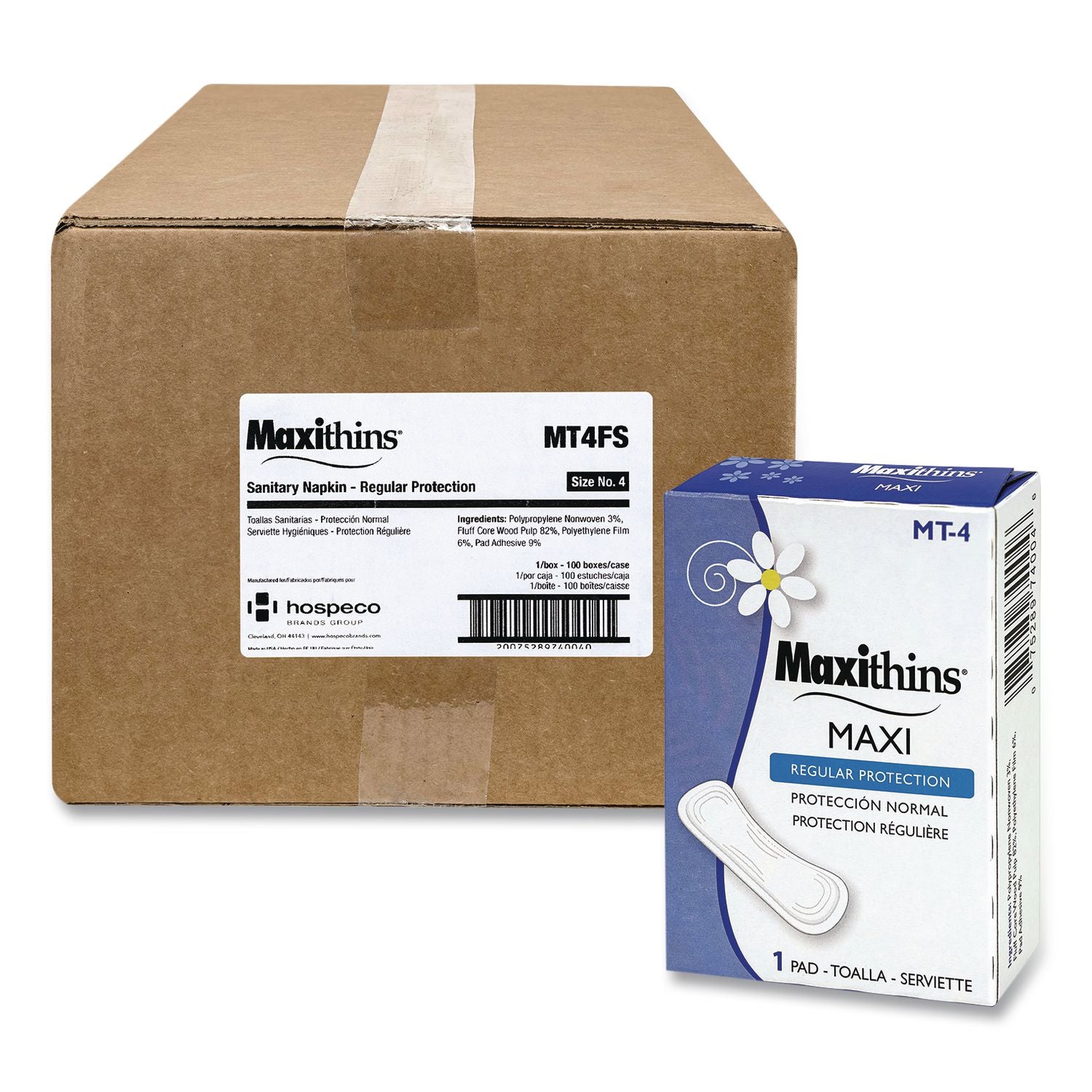 Maxithins Vended Sanitary Napkins #4, Maxi, 100 Individually Boxed Napkins/Carton