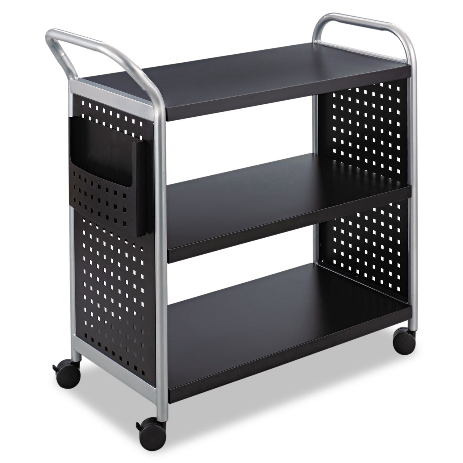 Scoot Three Shelf Utility Cart, Metal, 3 Shelves, 1 Bin, 300 lb Capacity, 31" x 18" x 38", Black/Silver - 