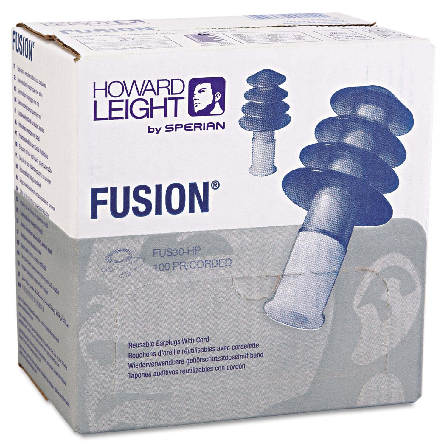 FUS30 HP Fusion Multiple-Use Earplugs, Reg, 27NRR, Corded, BE/WE, 100 Pairs - 
