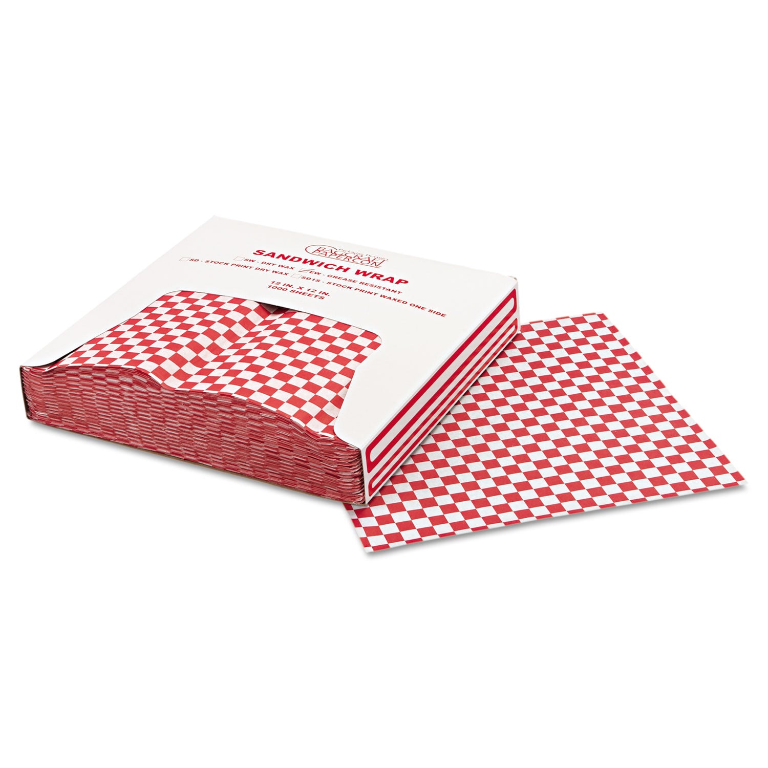 Grease-Resistant Paper Wraps and Liners, 12 x 12, Red Check, 1,000/Box, 5 Boxes/Carton - 