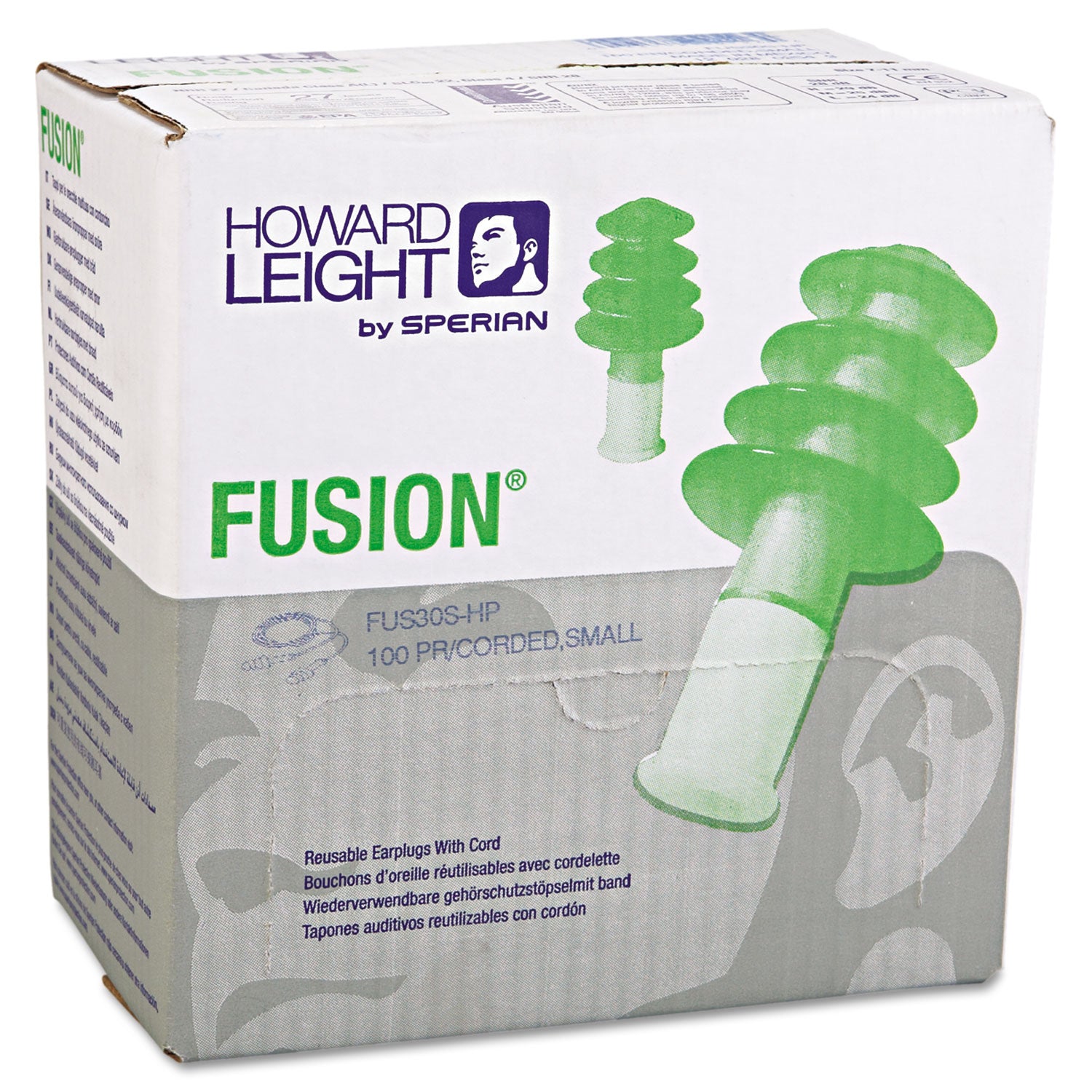 FUS30S-HP Fusion Multiple-Use Earplugs, Small, 27NRR, Corded, GN/WE, 100 Pairs - 