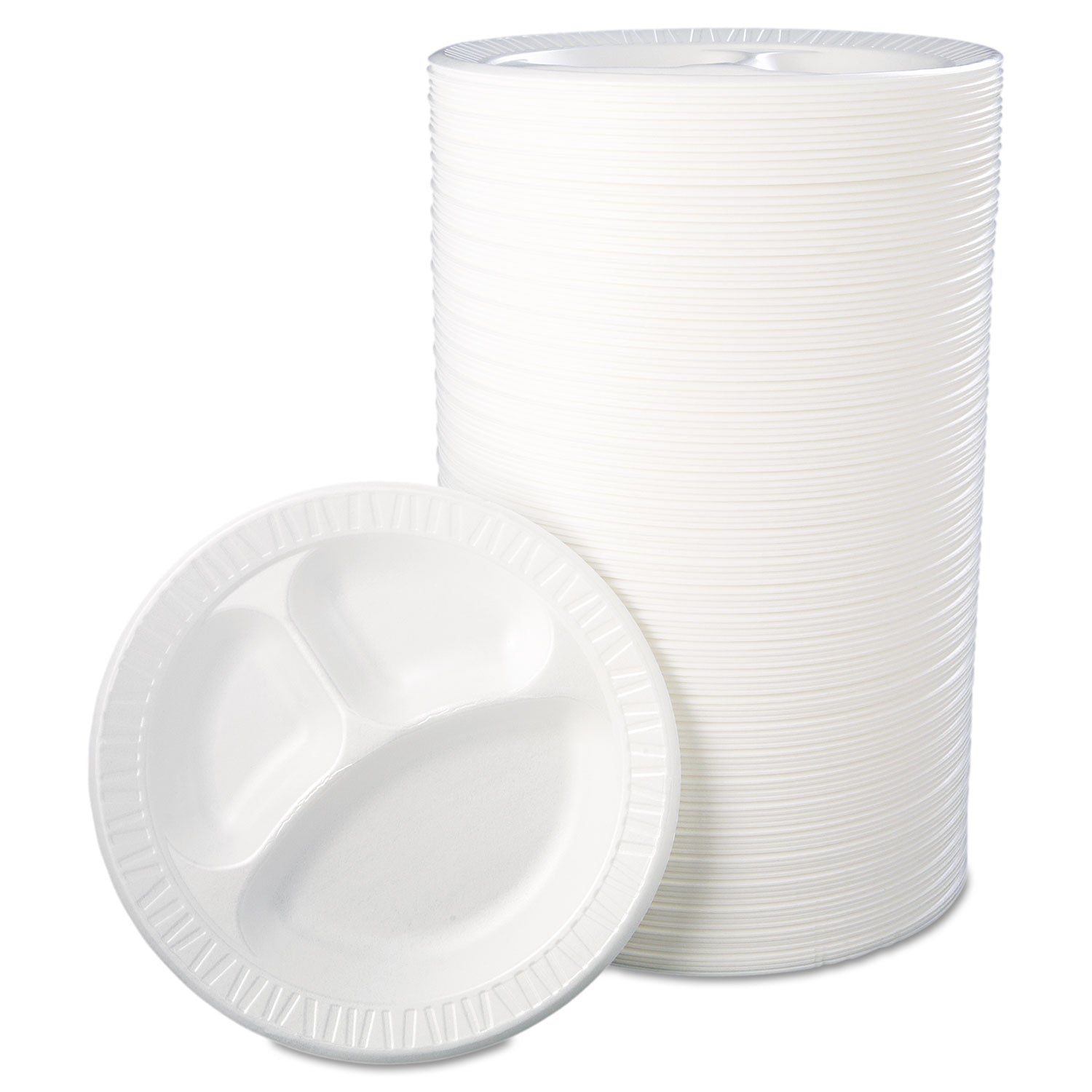 Quiet Class Laminated Foam Dinnerware, Plates, 3-Compartment, 10.25" dia, White, 125/Pack, 4 Packs/Carton - 