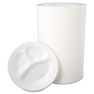 Quiet Class Laminated Foam Dinnerware, Plates, 3-Compartment, 10.25" dia, White, 125/Pack, 4 Packs/Carton