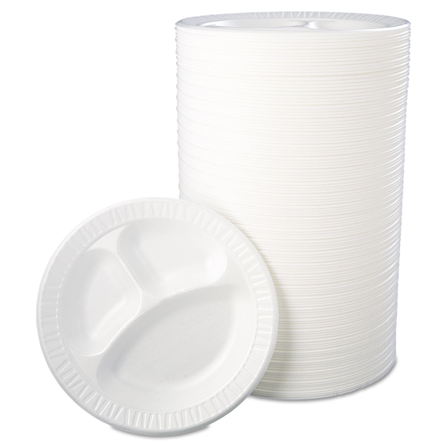Quiet Class Laminated Foam Dinnerware, Plates, 3-Compartment, 10.25" dia, White, 125/Pack, 4 Packs/Carton