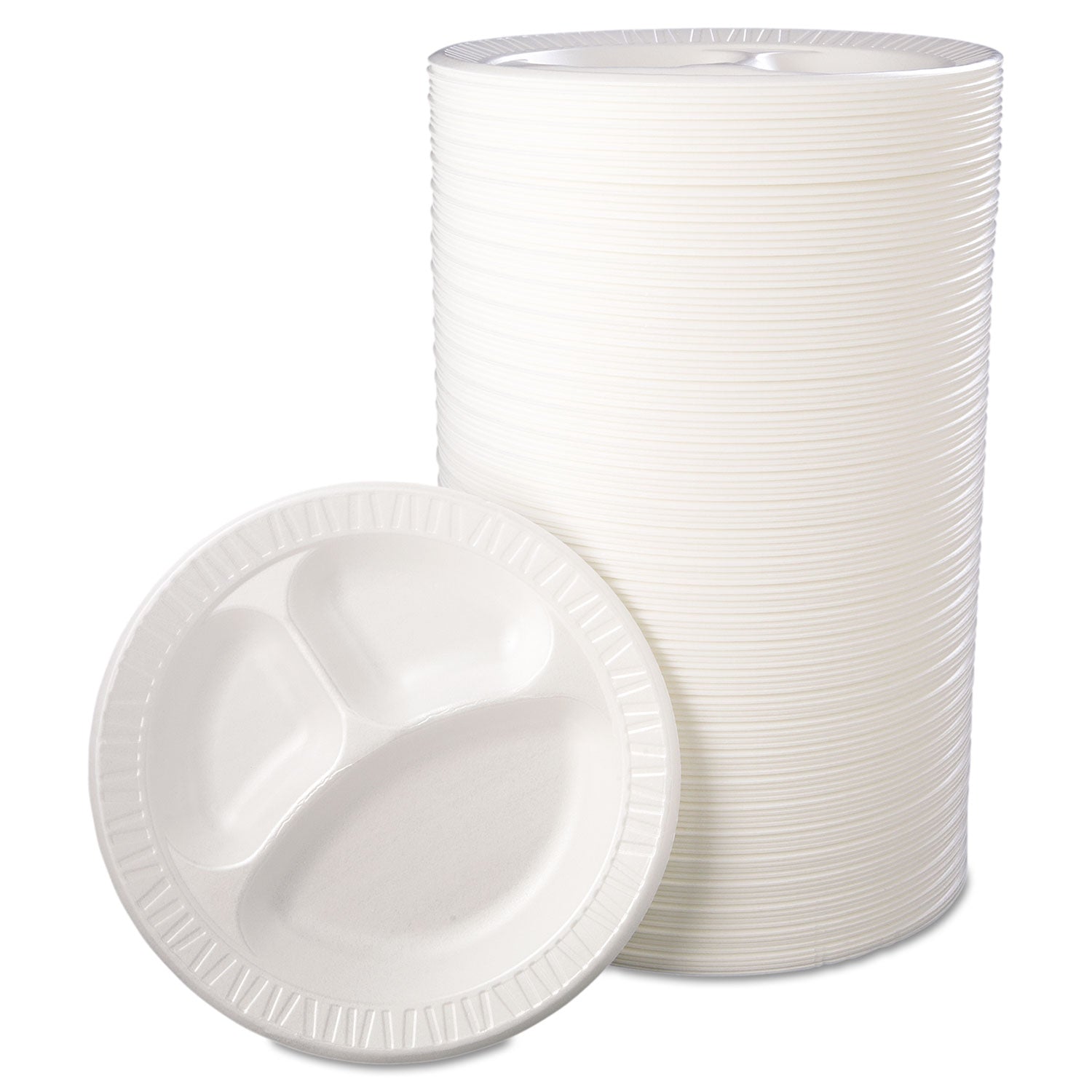 Quiet Class Laminated Foam Dinnerware, Plates, 3-Compartment, 10.25" dia, White, 125/Pack, 4 Packs/Carton