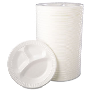 Quiet Class Laminated Foam Dinnerware, Plates, 3-Compartment, 10.25" dia, White, 125/Pack, 4 Packs/Carton