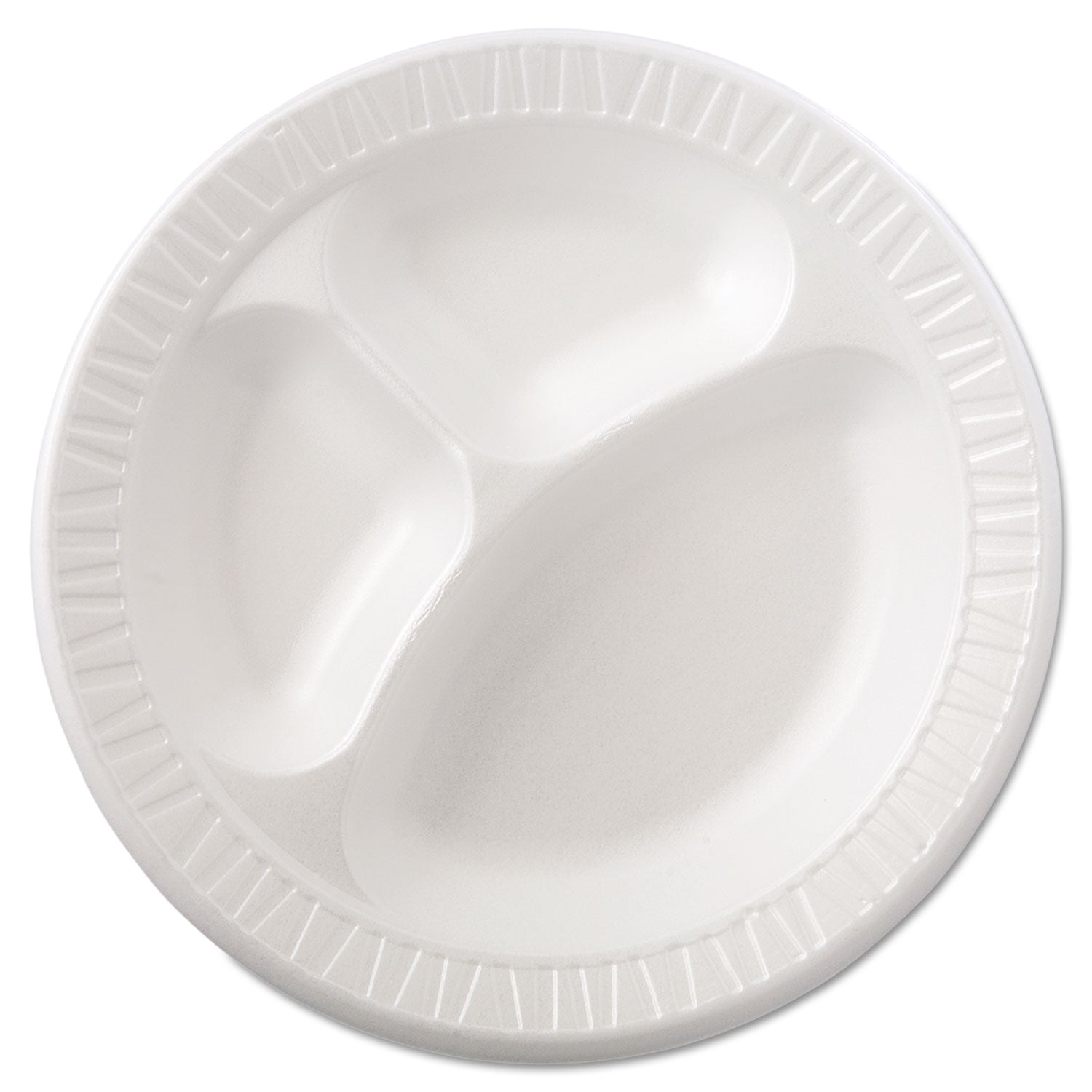 Quiet Class Laminated Foam Dinnerware, Plates, 3-Compartment, 10.25" dia, White, 125/Pack, 4 Packs/Carton - 