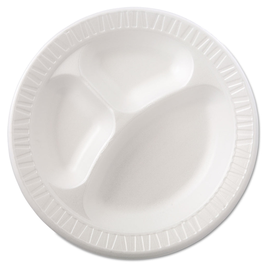 Quiet Class Laminated Foam Dinnerware, Plates, 3-Compartment, 10.25" dia, White, 125/Pack, 4 Packs/Carton
