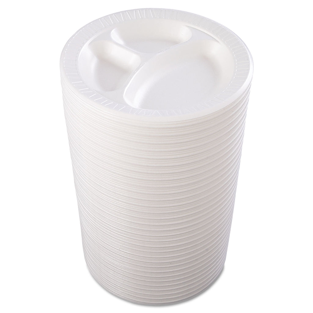 Quiet Class Laminated Foam Dinnerware, Plates, 3-Compartment, 10.25" dia, White, 125/Pack, 4 Packs/Carton