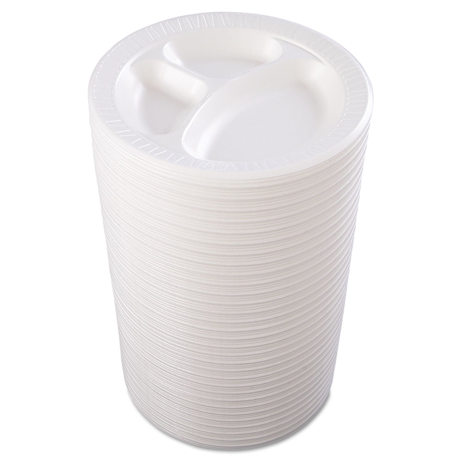 Quiet Class Laminated Foam Dinnerware, Plates, 3-Compartment, 10.25" dia, White, 125/Pack, 4 Packs/Carton