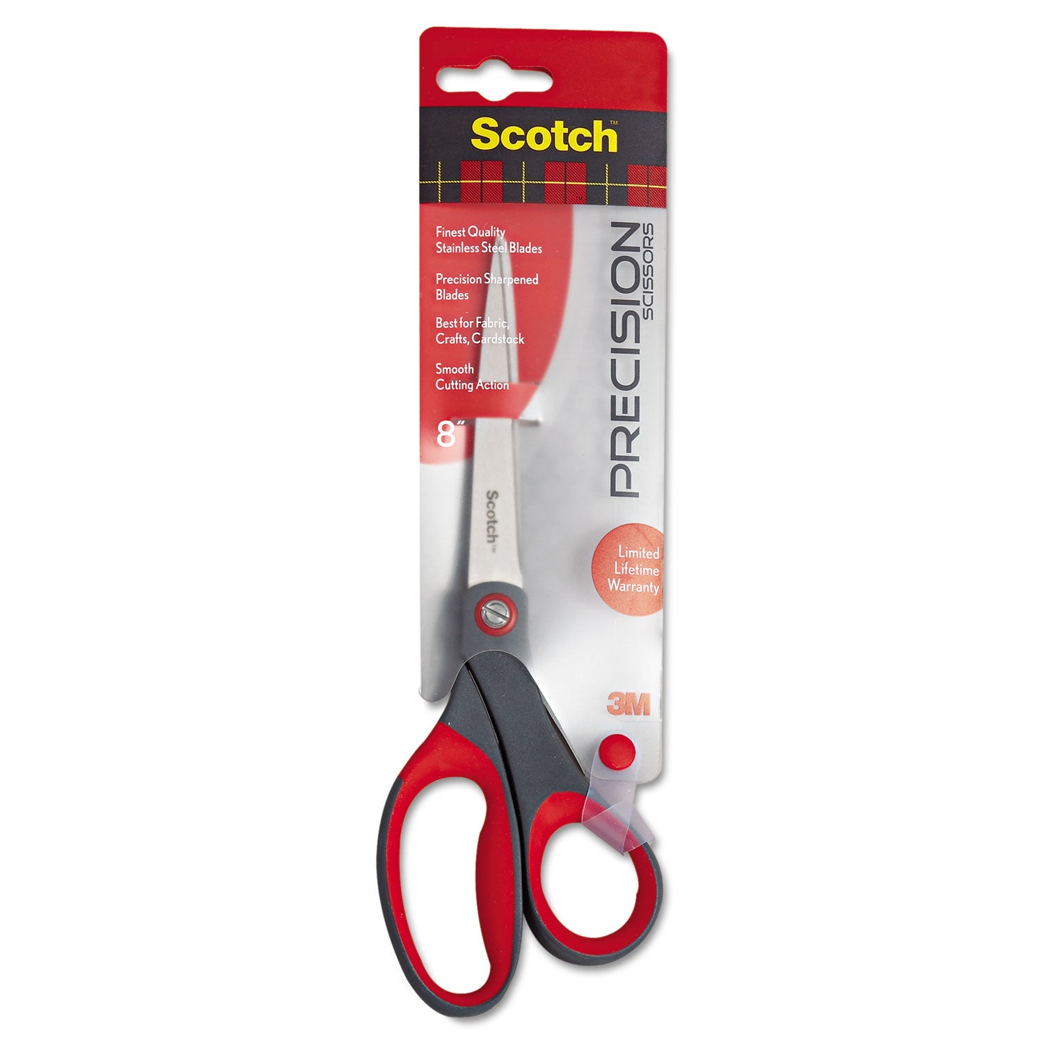 Precision Scissors, 8" Long, 3.13" Cut Length, Gray/Red Straight Handle - 