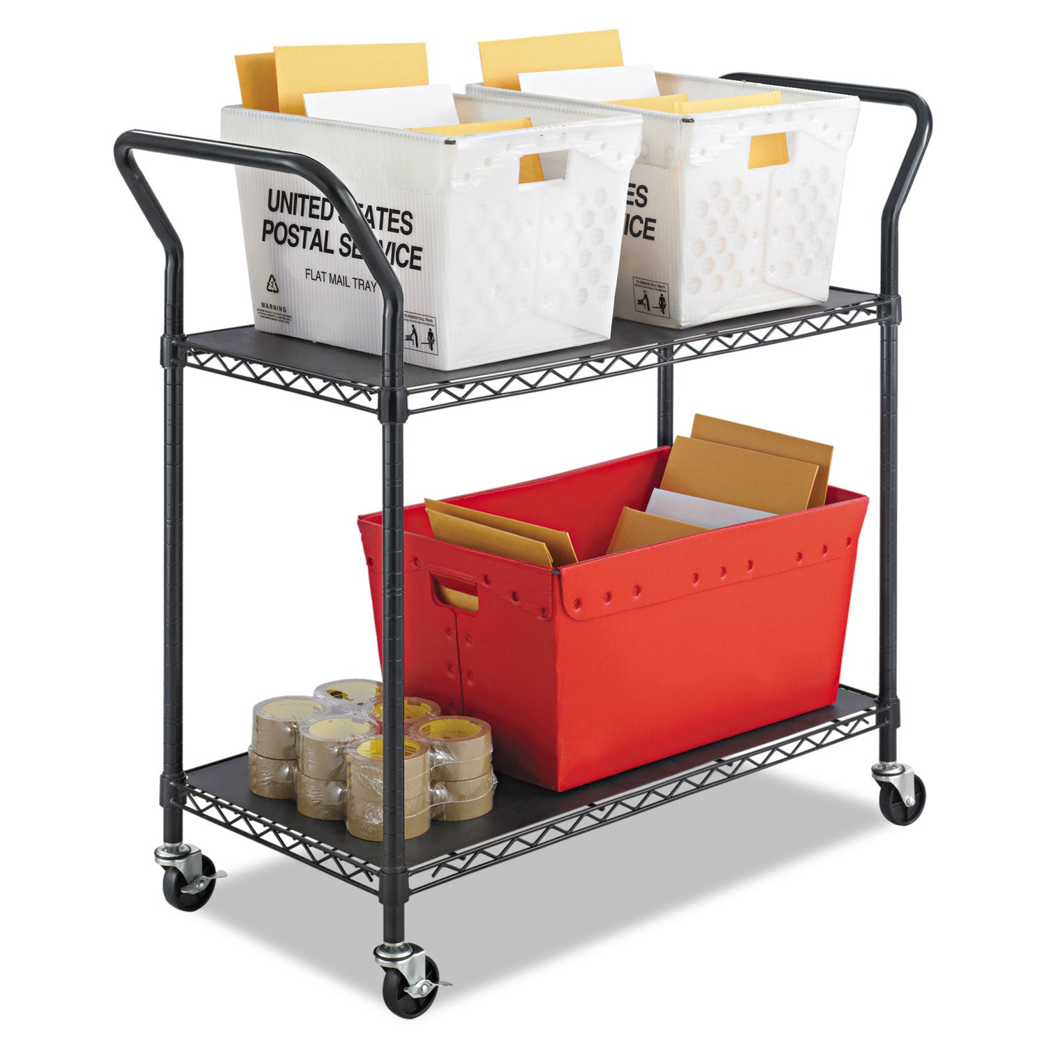 Wire Utility Cart, Metal, 2 Shelves, 400 lb Capacity, 43.75" x 19.25" x 40.5", Black