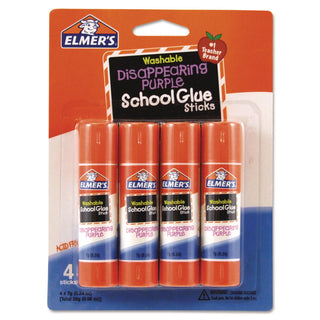 Washable School Glue Sticks, 0.24 oz, Applies Purple, Dries Clear, 4/Pack