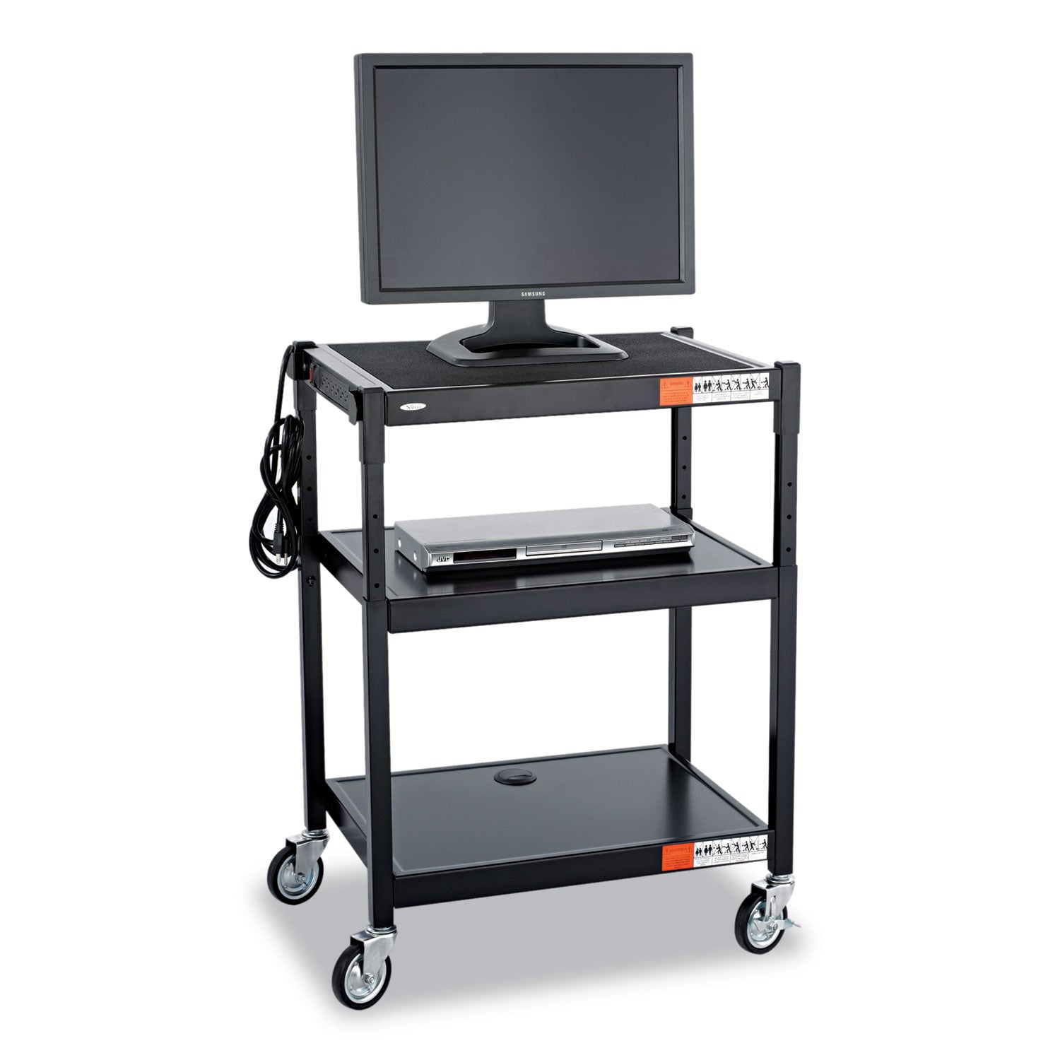Adjustable-Height Steel AV Cart, Metal, 3 Shelves, (5) AC Outlets, 120 lb Capacity, 27.25" x 18.25" x 36.5", Black - 