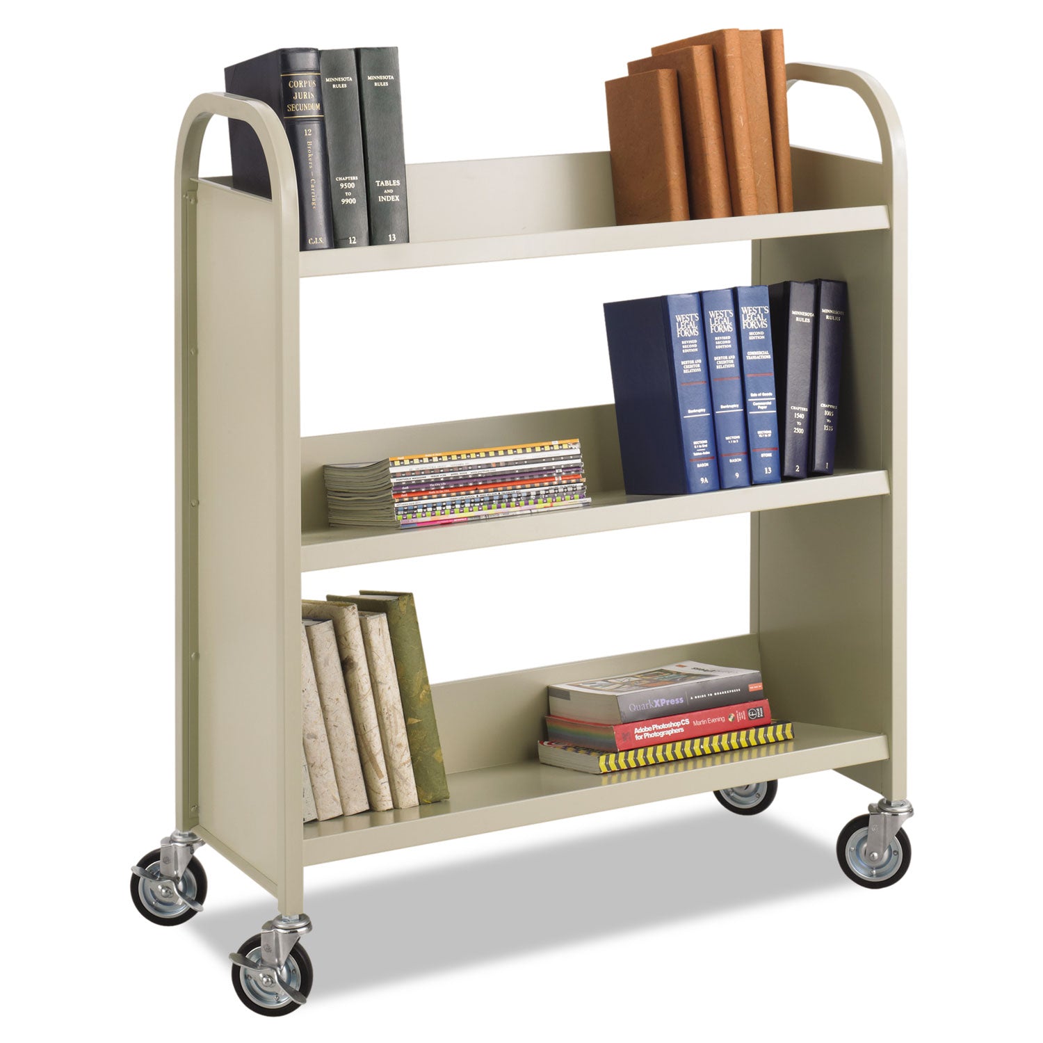 Steel Single-Sided Book Cart, Metal, 3 Shelves, 300 lb Capacity, 36" x 14.5" x 43.5", Sand - 