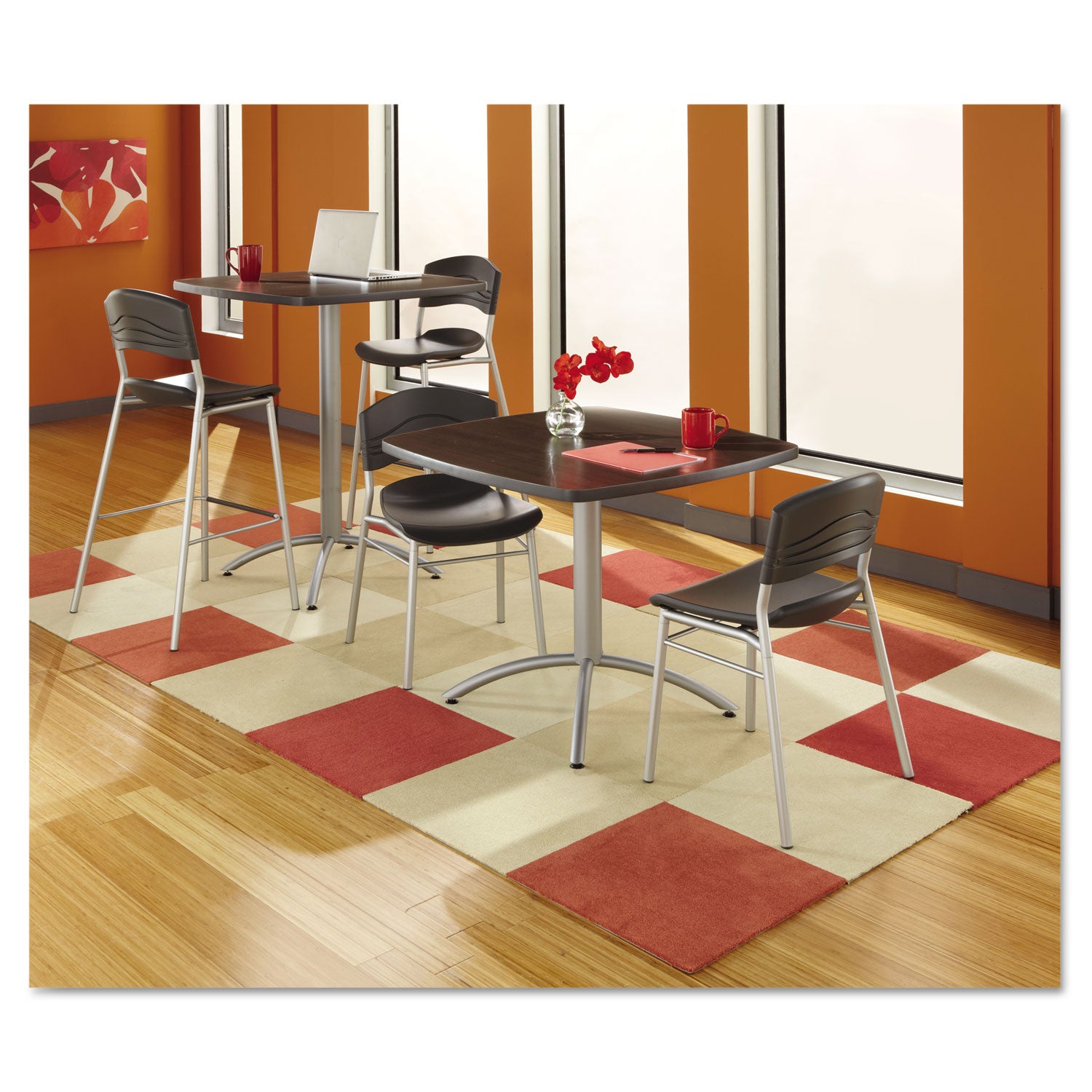 CafeWorks Stool, Supports Up to 225 lb, 30" Seat Height, Graphite Seat, Graphite Back, Silver Base - 