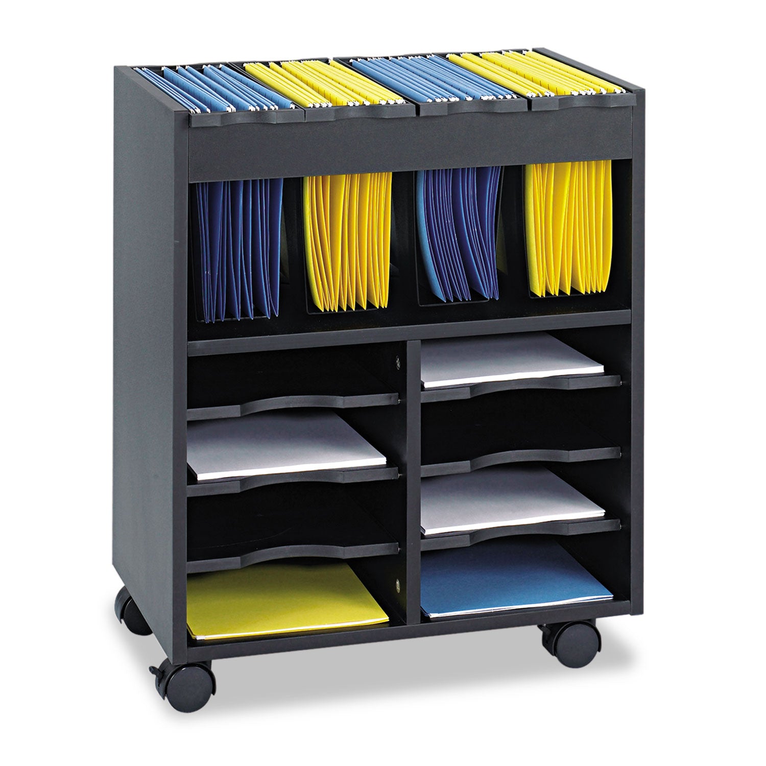 Go Cart Mobile File, Engineered Wood, 8 Shelves, 4 Bins, 14.5" x 21.5" x 26.25", Black - 