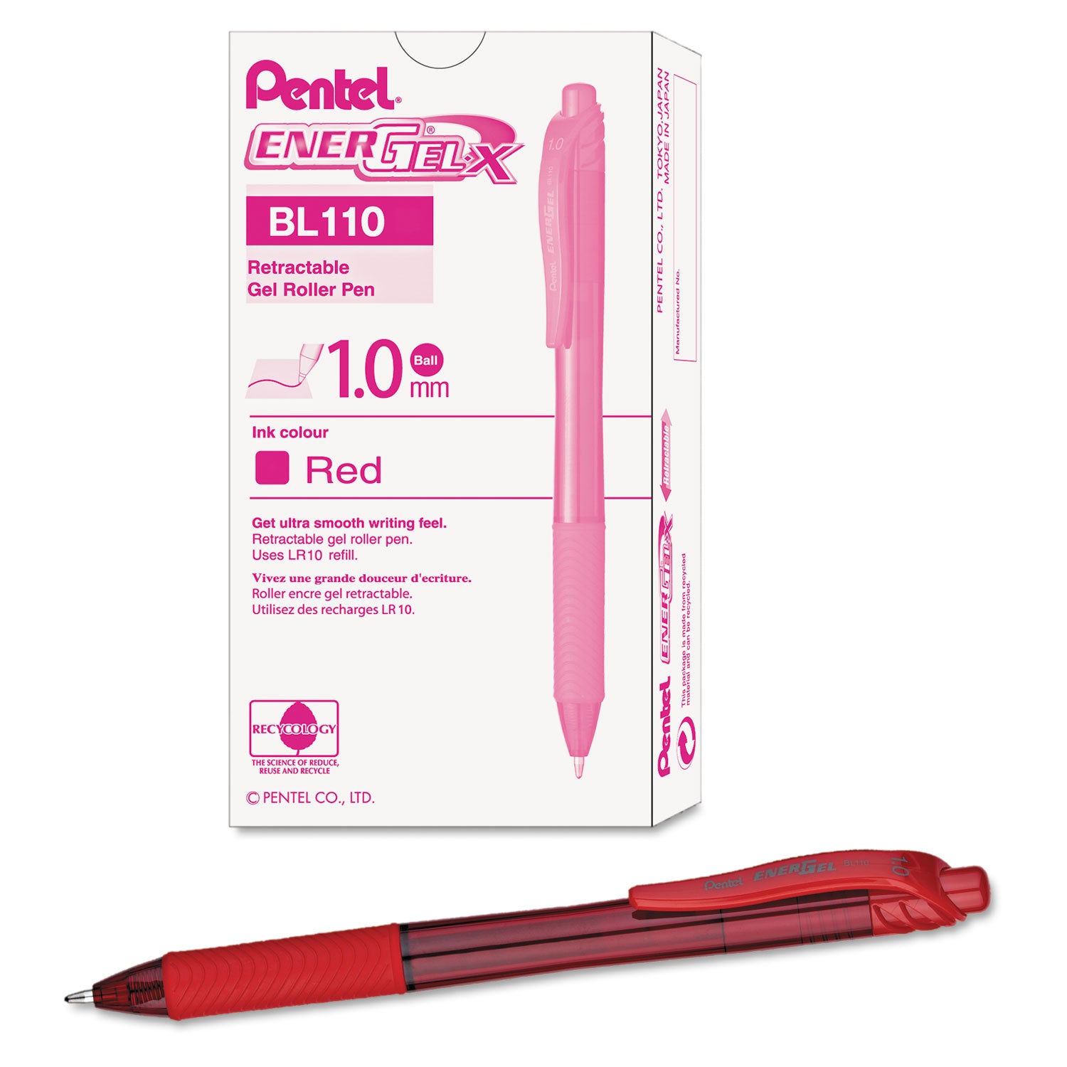 EnerGel-X Gel Pen, Retractable, Bold 1 mm, Red Ink, Translucent Red/Red Barrel, Dozen - 