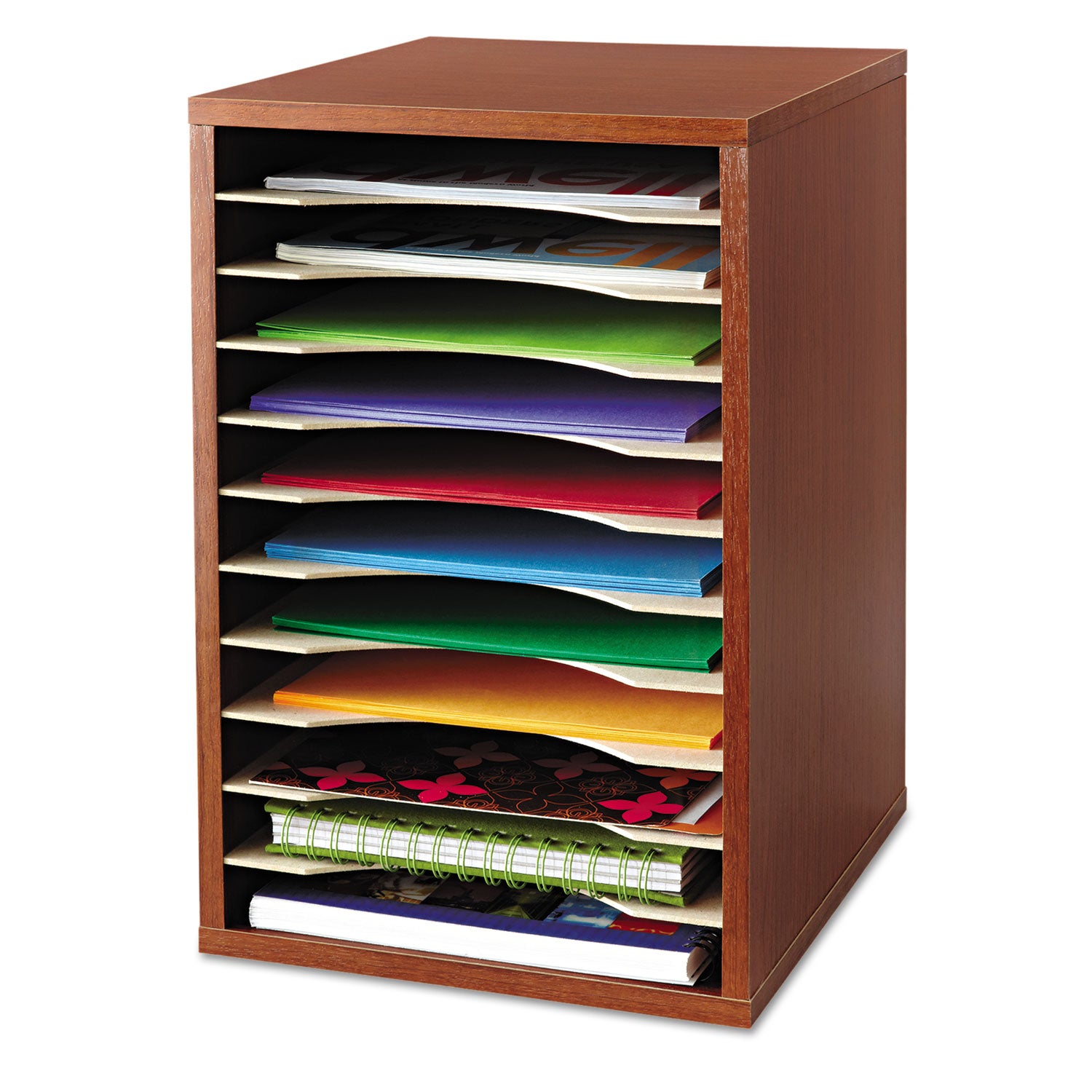 Wood Desktop Literature Sorter, 11 Compartments, 10.63 x 11.88 x 16, Cherry - 