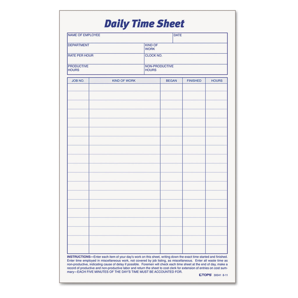 Daily Time and Job Sheets, One-Part (No Copies), 8.5 x 5.5, 200 Forms/Pad, 2 Pads/Pack - 