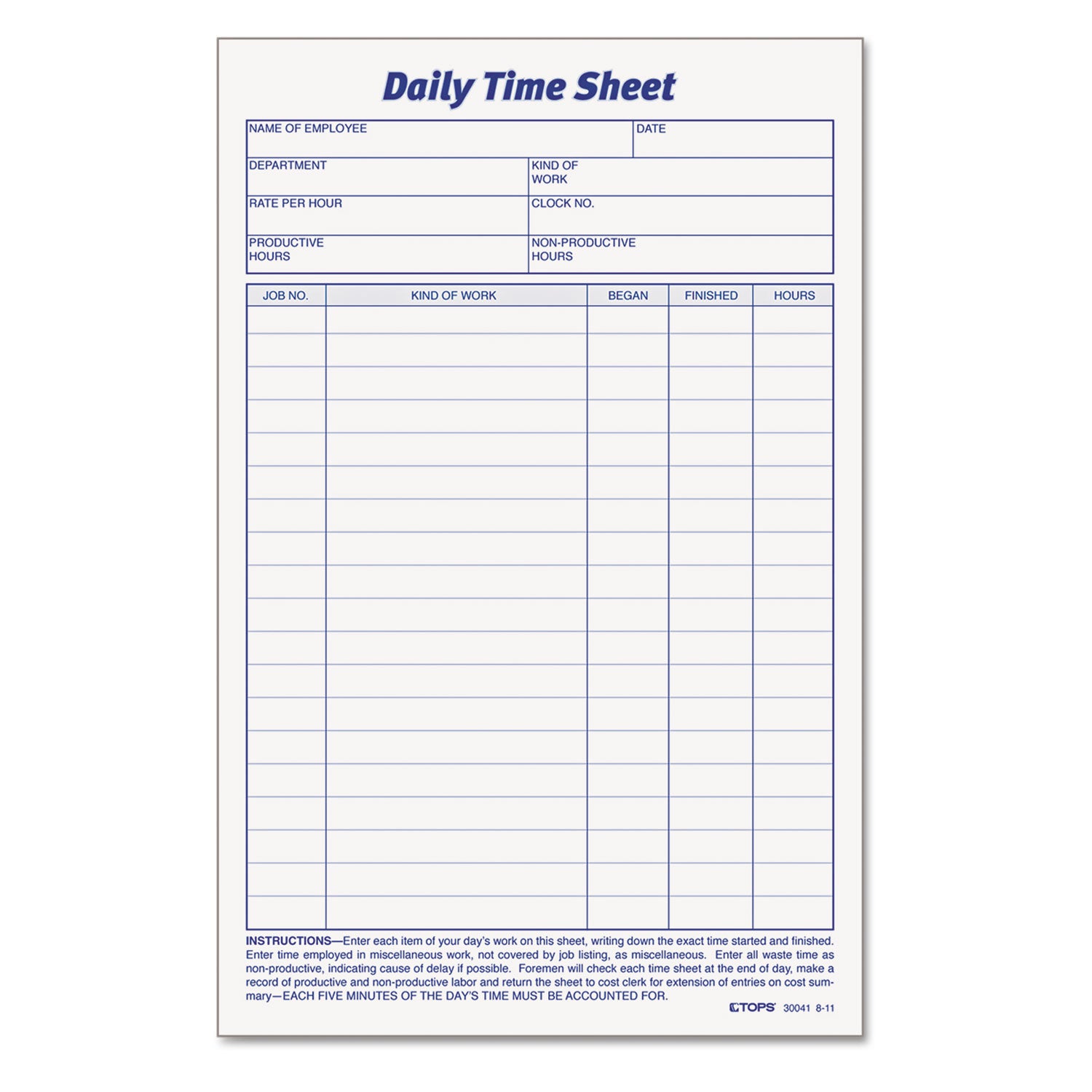 Daily Time and Job Sheets, One-Part (No Copies), 8.5 x 5.5, 200 Forms/Pad, 2 Pads/Pack - 