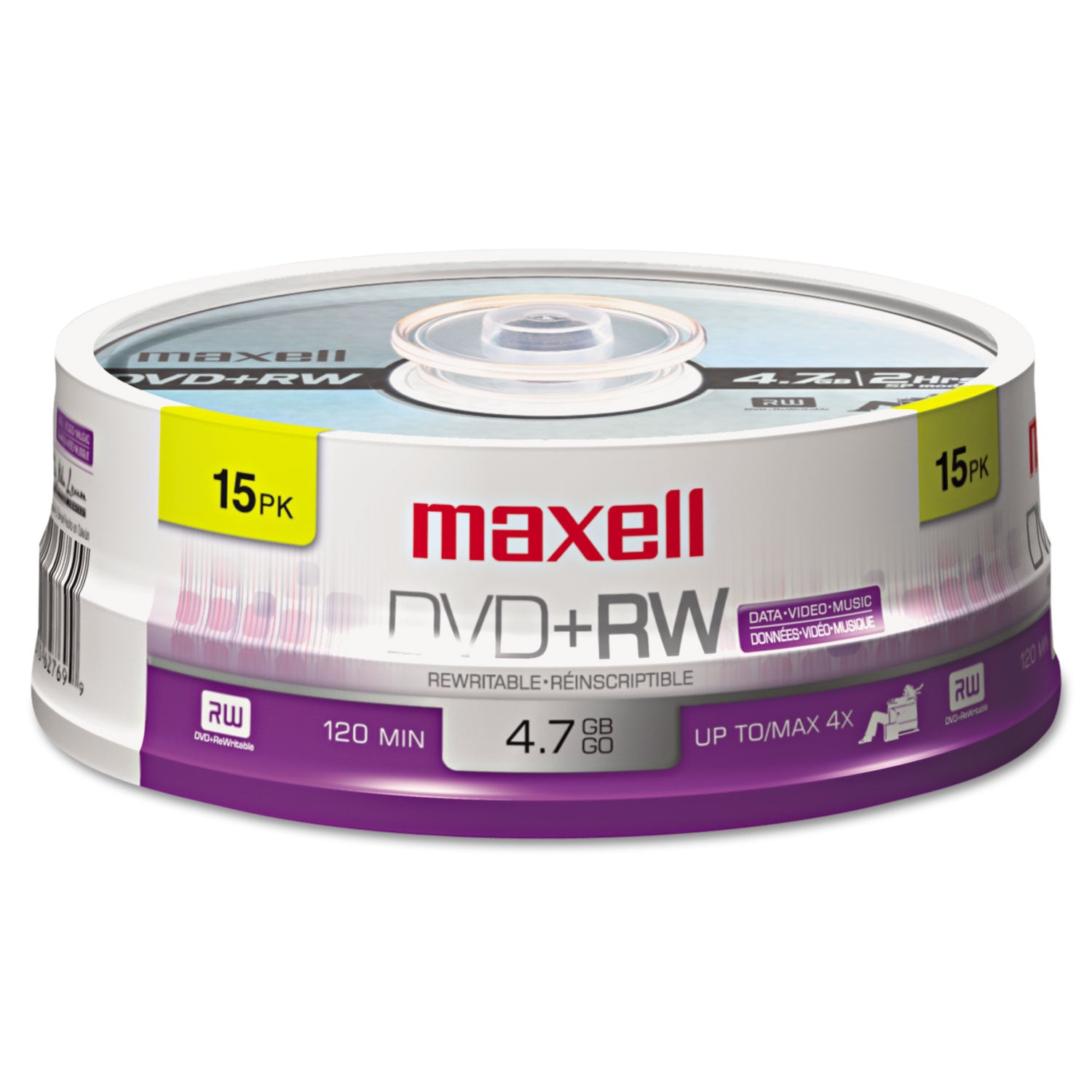 DVD+RW Rewritable Disc, 4.7 GB, 4x, Spindle, Silver, 15/Pack - 