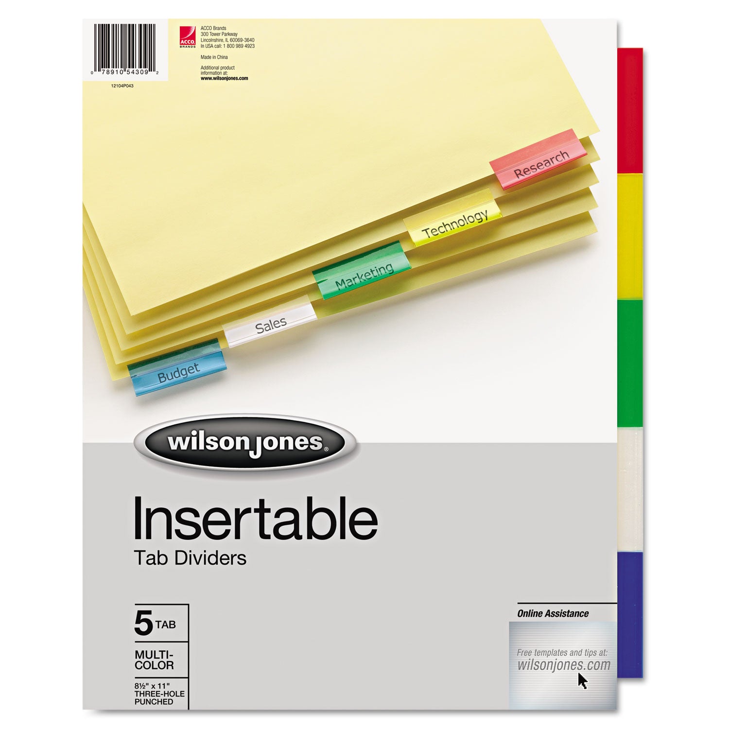 Insertable Tab Dividers, 3-Hole Punched, 5-Tab, 11 x 8.5, Buff, Assorted Tabs, 1 Set - 