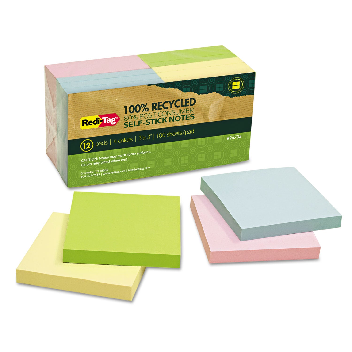 100% Recycled Self-Stick Notes, 3" x 3", Assorted Pastel Colors, 100 Sheets/Pad, 12 Pads/Pack - 