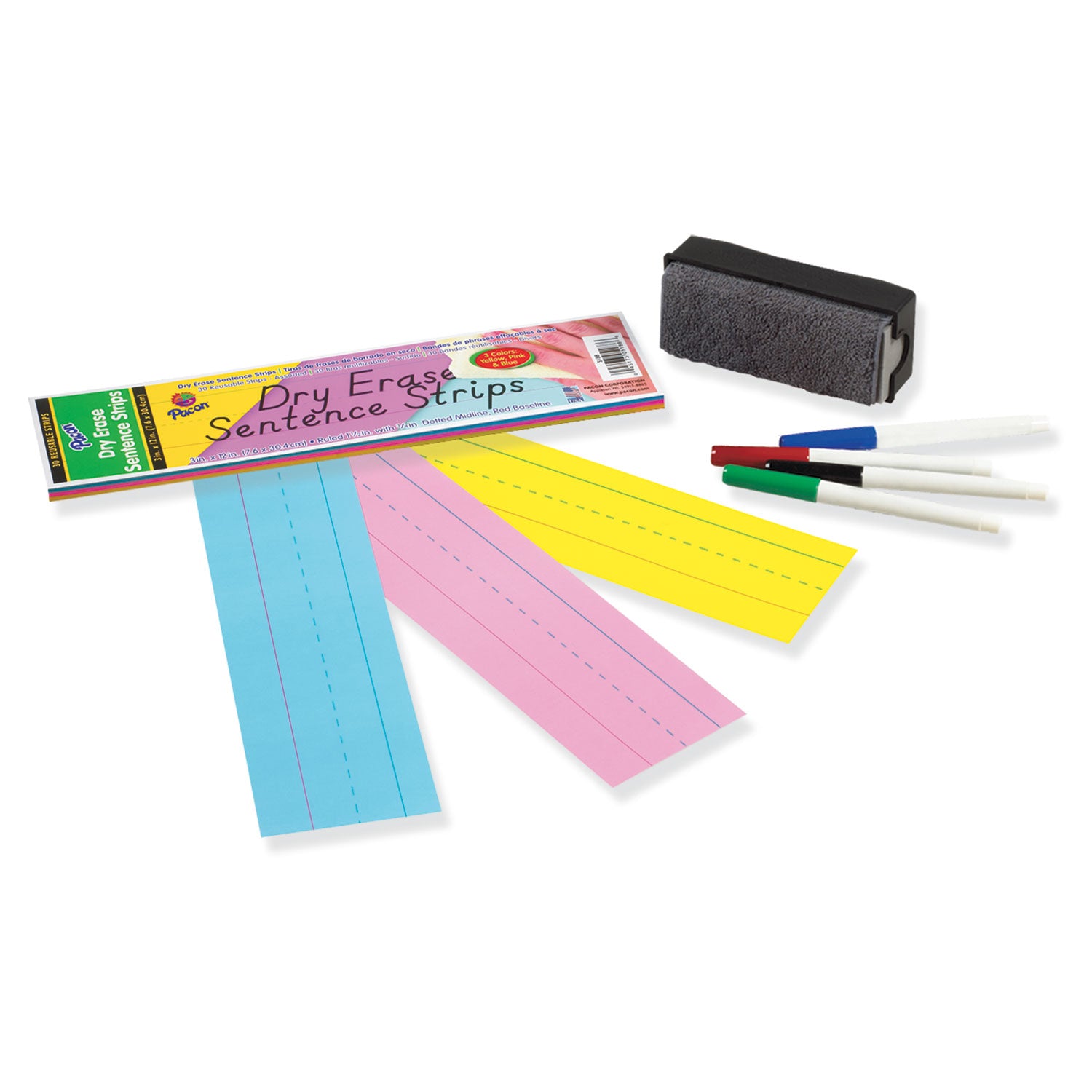 Dry Erase Sentence Strips, 12 x 3, Blue; Pink; Yellow, 30/Pack - 