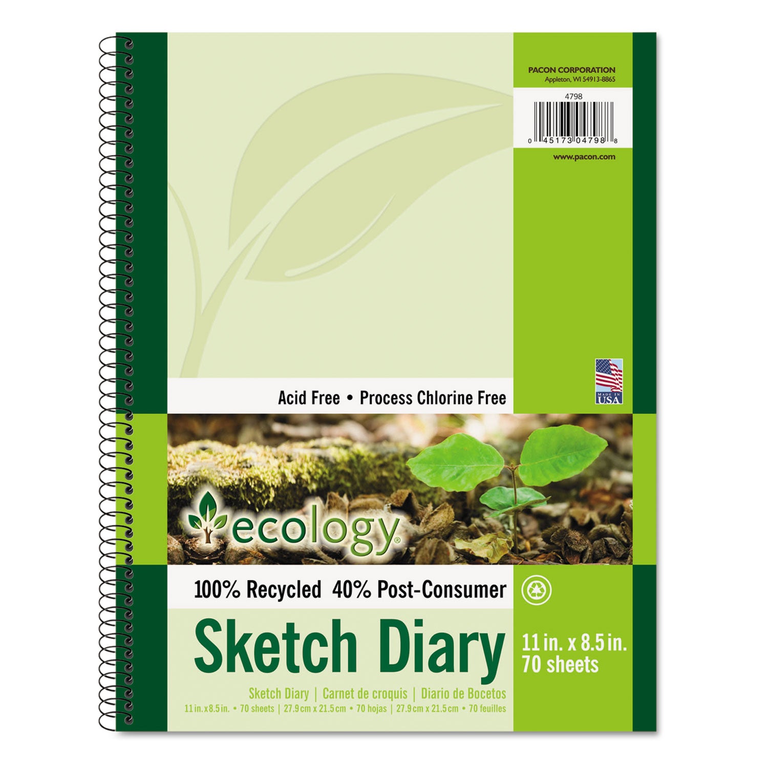 Ecology Sketch Diary, 60 lb Text Paper Stock, Green Cover, (70) 11 x 8.5 Sheets - 
